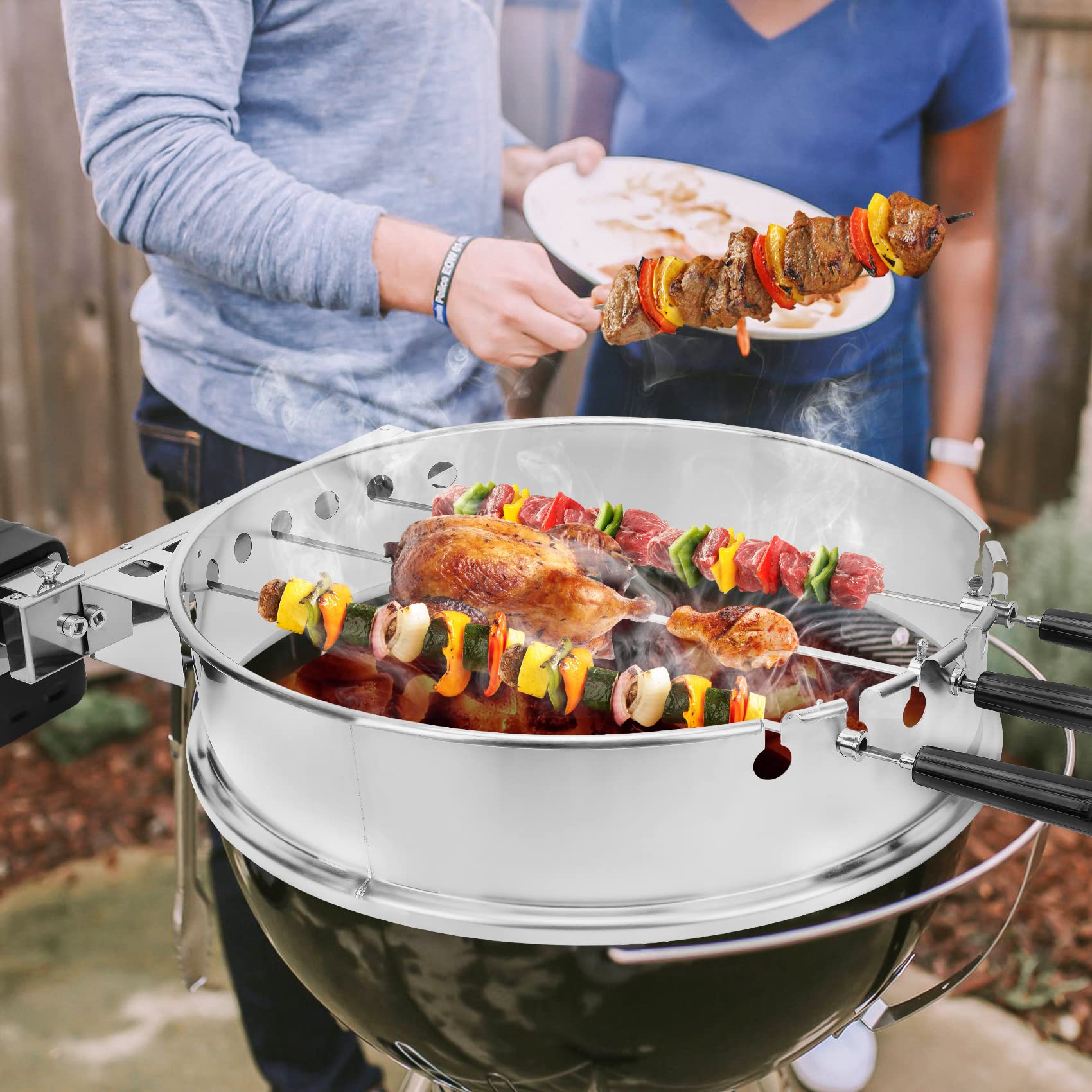 onlyfire Edelstahl Spießdreher Drehspieß Set mit Motor für Weber 57 cm Kugelgrill, Grillspieß-Aufsatz Set mit 7 Schaschlikspieße