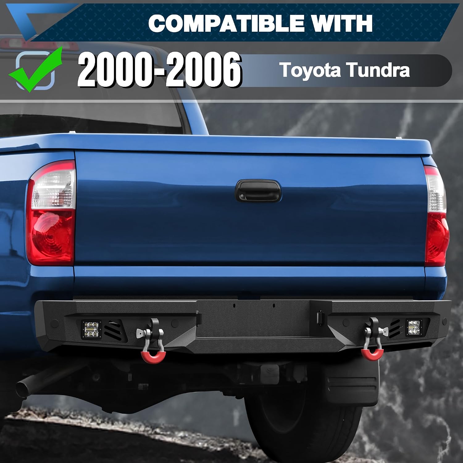 00-06 Tundra Rear Bumper Full Width Offroad Bumper w/Step Plate, 2x18w Lights, D-rings, License Plate Lights for 2000-2006 Tundra Pickup Trucks