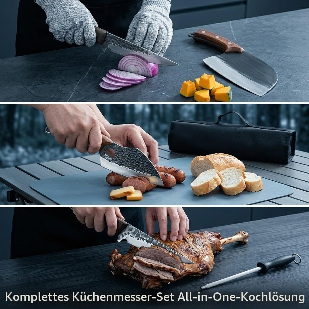 KLYTE 8-teiliges Messerset: Hackmesser & Kochmesser für BBQ | Perfektes Koch set für Männer & Grillset. Inkl. Metzgermesser, Tasche & Handschuh. Ideal als Camping Messer mit Holzgriff.