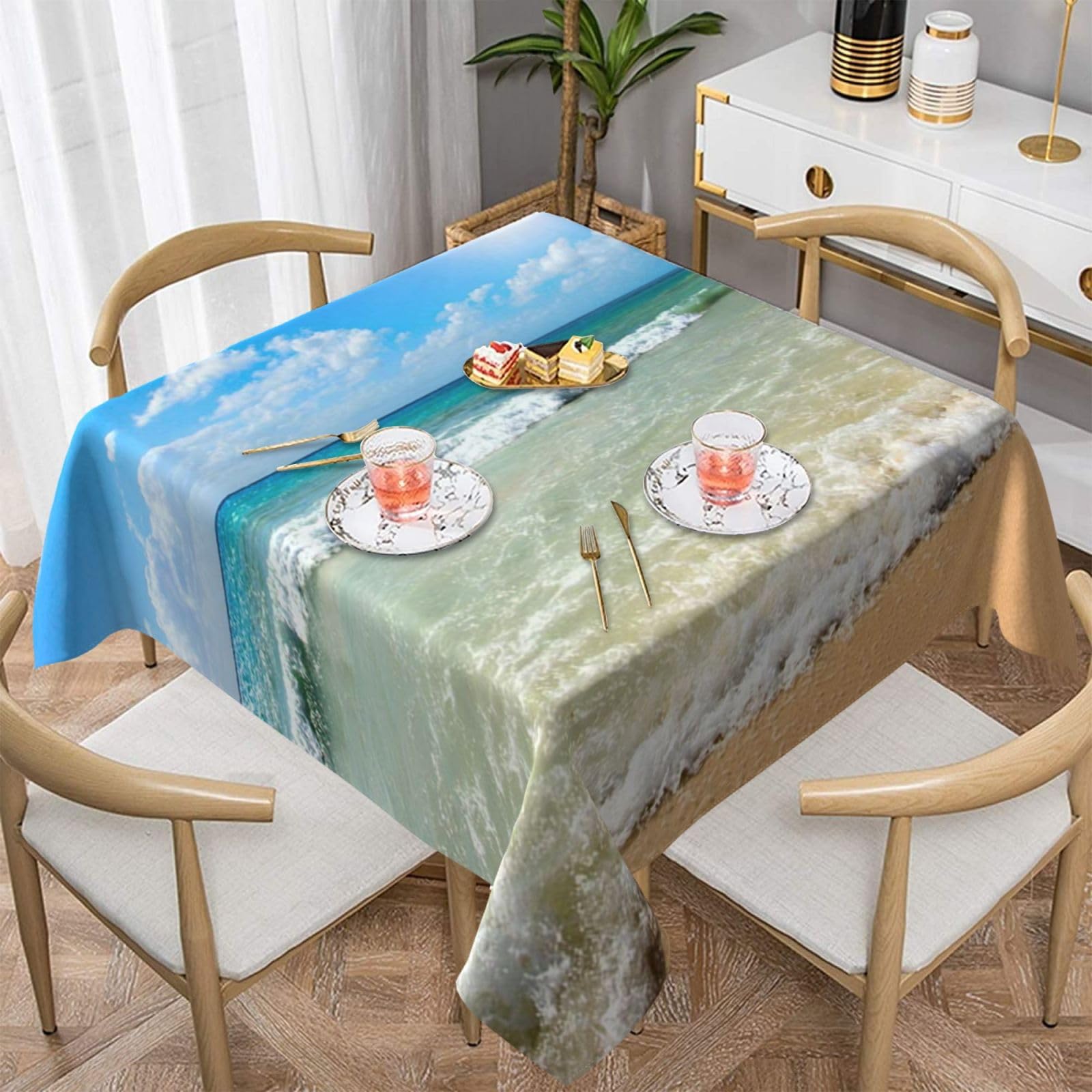 Nappe imprimée plage de sable anti-tache pour protéger la table des enfants sans repassage