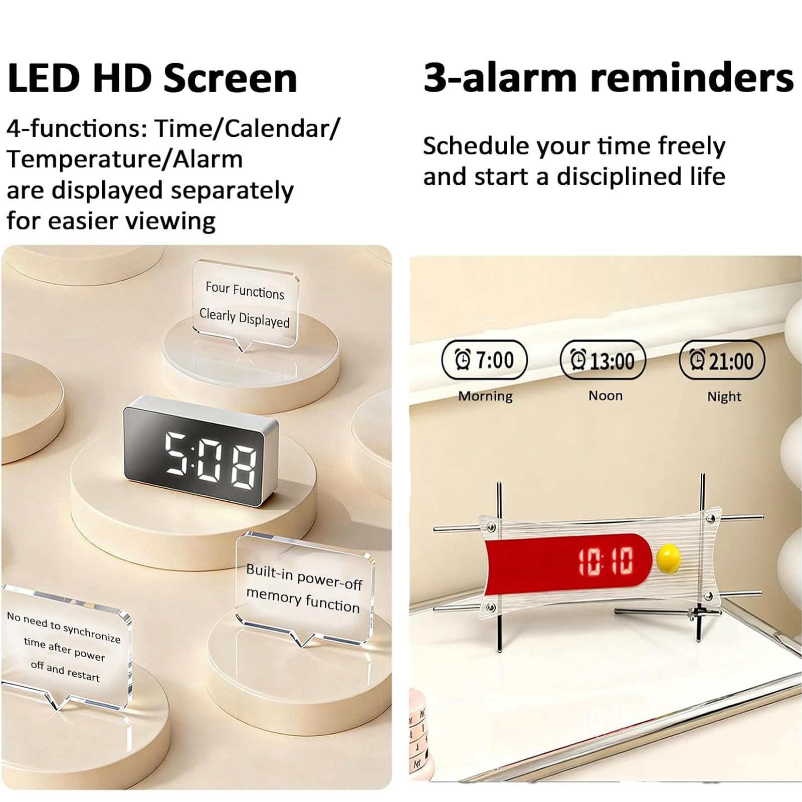 Mechaniczny zegar biurkowy LED, budzik na biurko z miękkim światłem, ekran HD, wbudowana pamięć wyłączania, tryb nocnego oszczędzania energii do domu, biura, sypialni