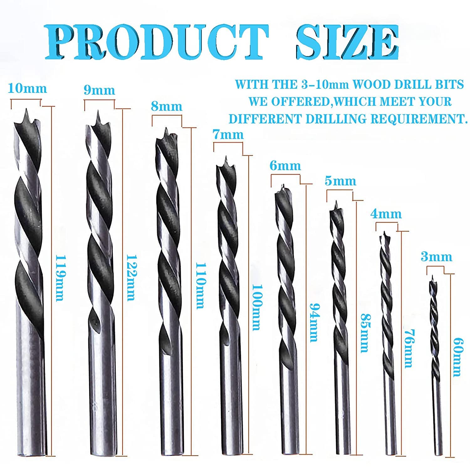 8 brocas de punta Brad, juego de brocas de madera helicoidal de 3 a 10 mm para carpintería, madera blanda y madera laminada MDF