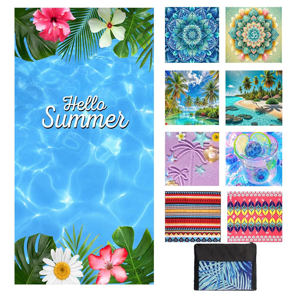 JAODFK Microfibre Beach Towel 71"X32" Quick Dry Lightweight Sand Free Extra Large Thin Towels Travel Essentials For Adults Womens Swim Bath Accessories Mats Holiday Must Haves Hello Summer