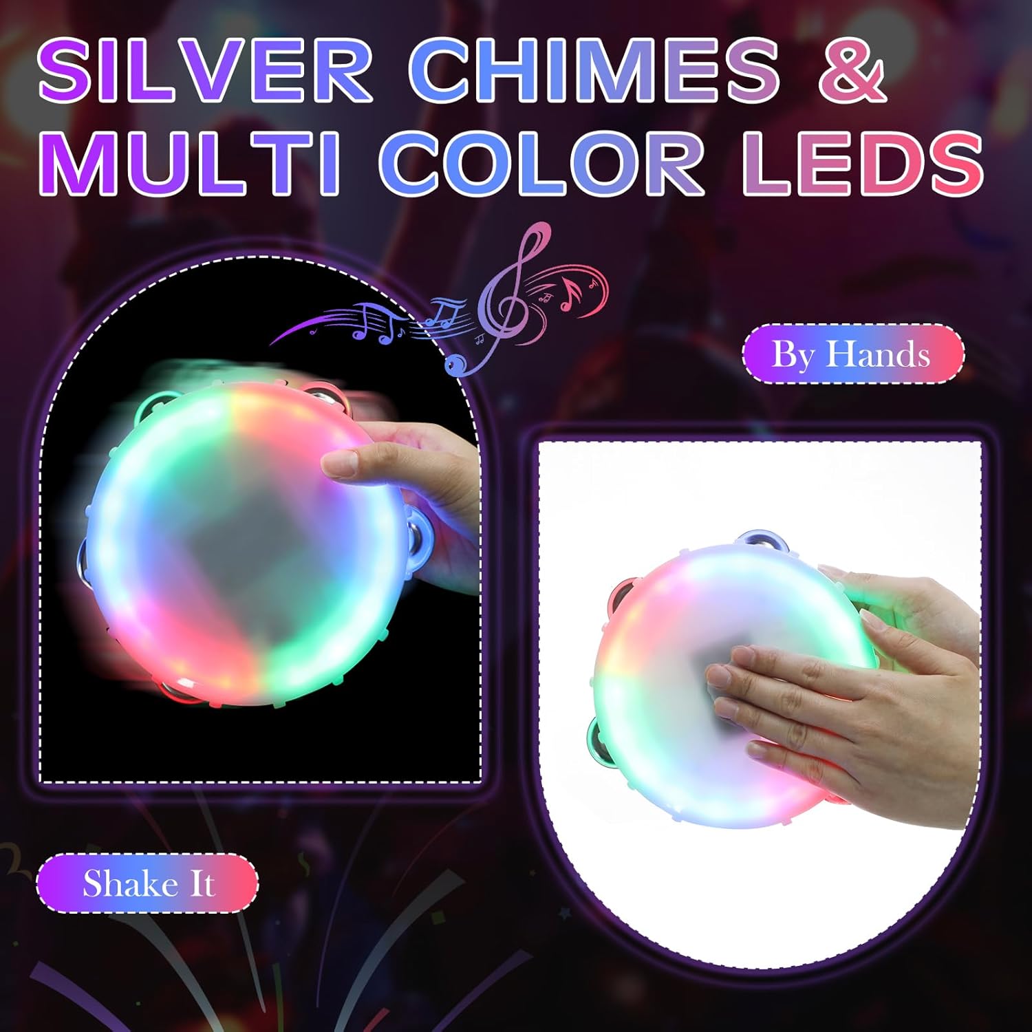 10 Pack Tambourines for Adults - Light up Tambourines LED Multicolored Glow in The Dark Musical Party Favors for Adult Weddings Concerts, White Plastic