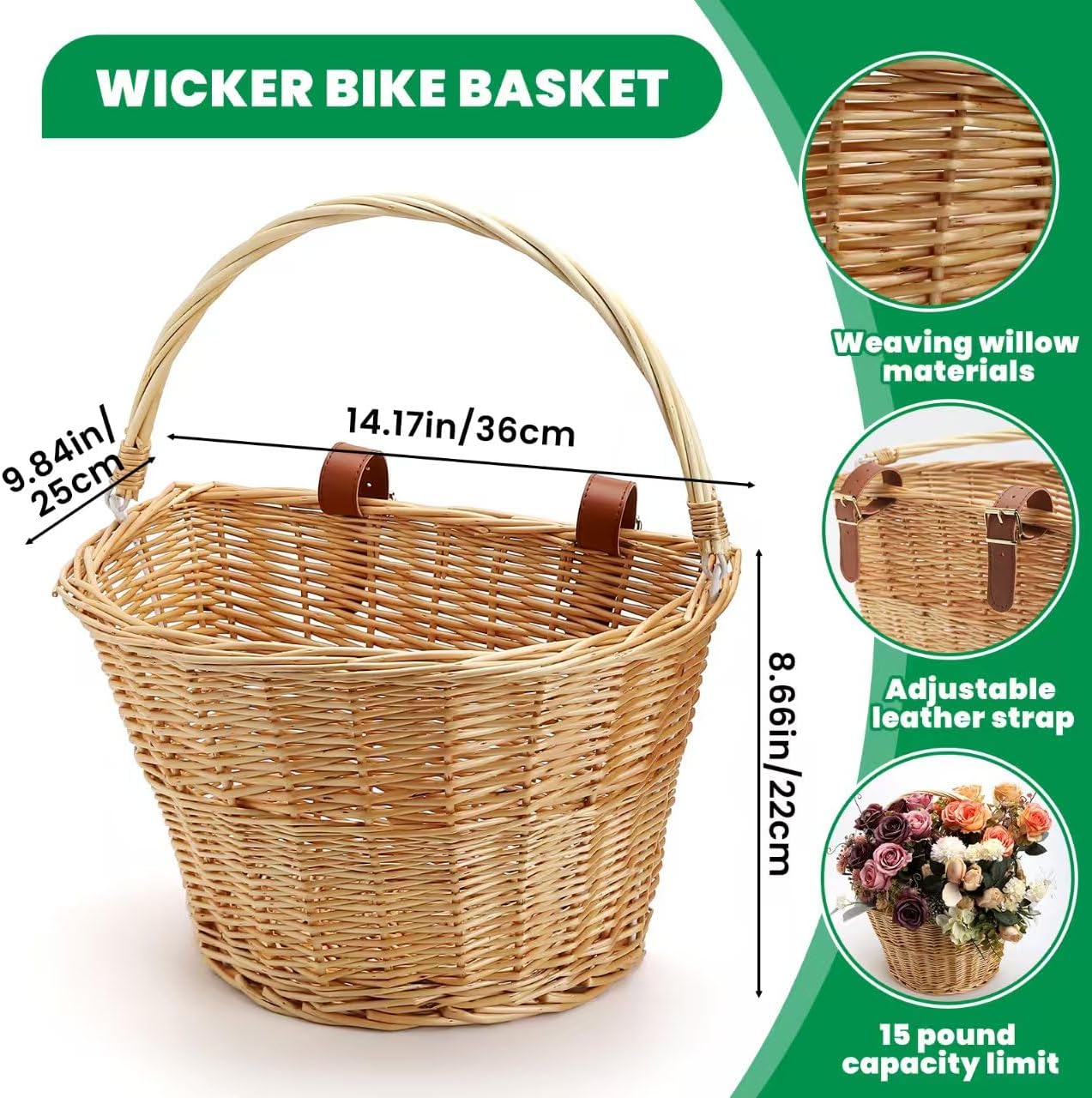 Wicker Bike Basket Front Cargo for Women and Men, Natural Rattan Bicycle Basket with Mounting Hardware, Fits Most Road Bikes, Cruisers, Ebikes and Stationary Bicycles