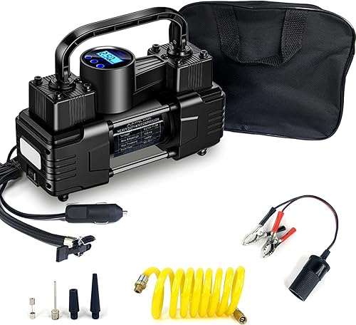 Miniatura 8 de Inflador de neumáticos negro de doble cilindro resistente con bolsa portátil, accesorios para automóvil, bomba de compresor de aire de metal 12V