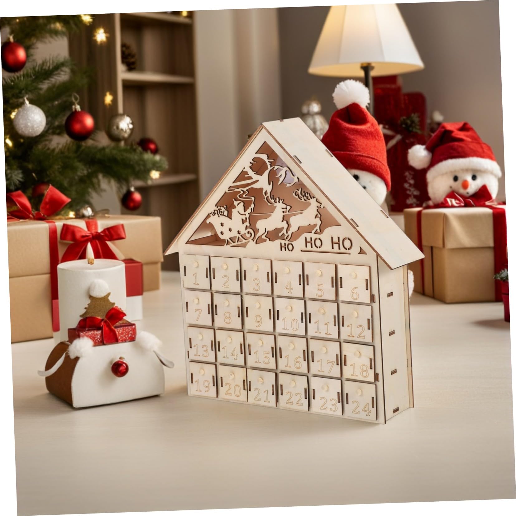 Zerodeko 24cassetto Calendario Avvento in Legno Illuminazione LED per Conto alla Rovescia Natalizio Decorazione da Riutilizzabile