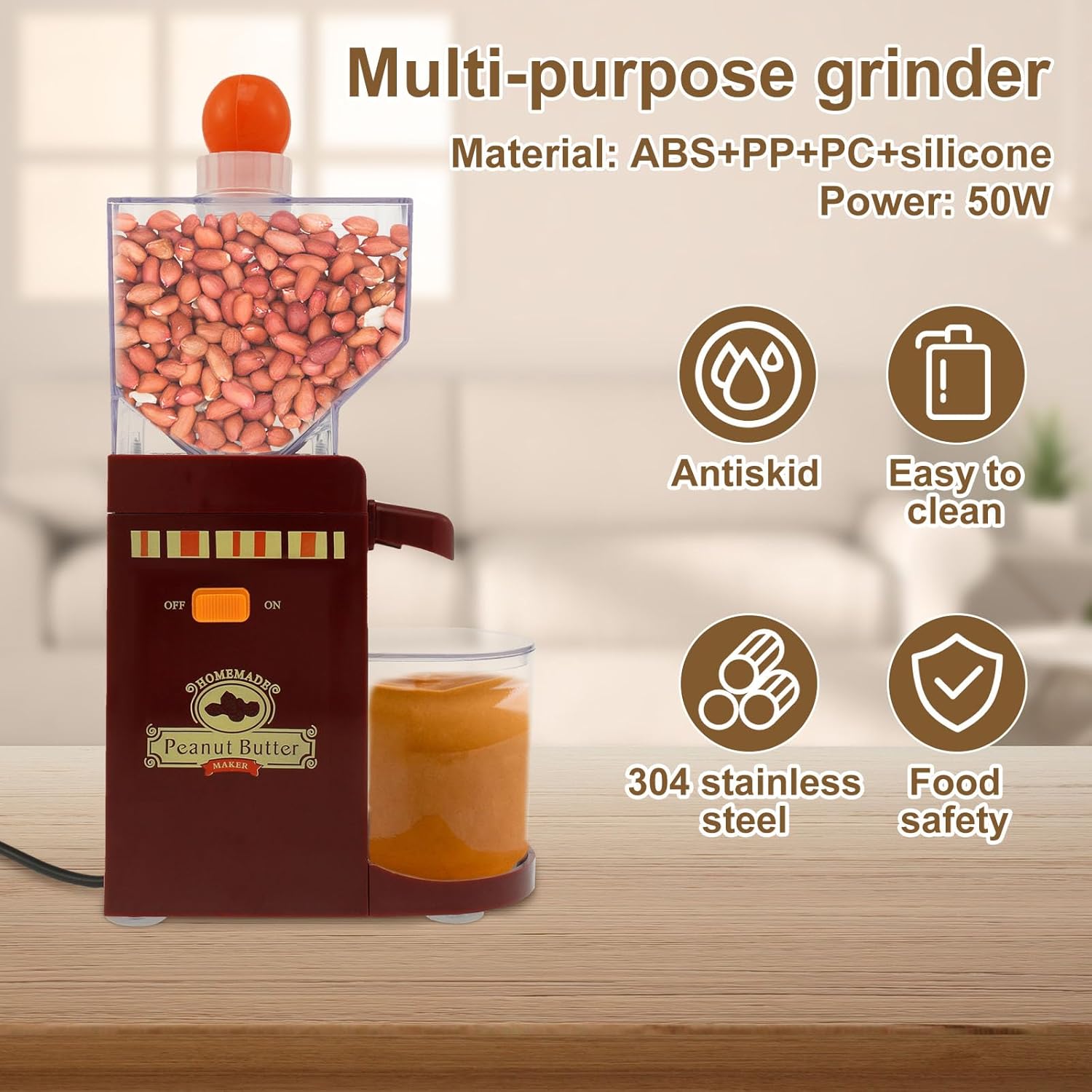 Peanut Butter Maker, Electric Peanut Grinder, Kitchens Butter Machine, Sauce Nut Grinder with Non Slip Rubber Base, Versatile Grain Grinders for Groundnut, Almond, Cashew Nut, Safe Easy to Clean
