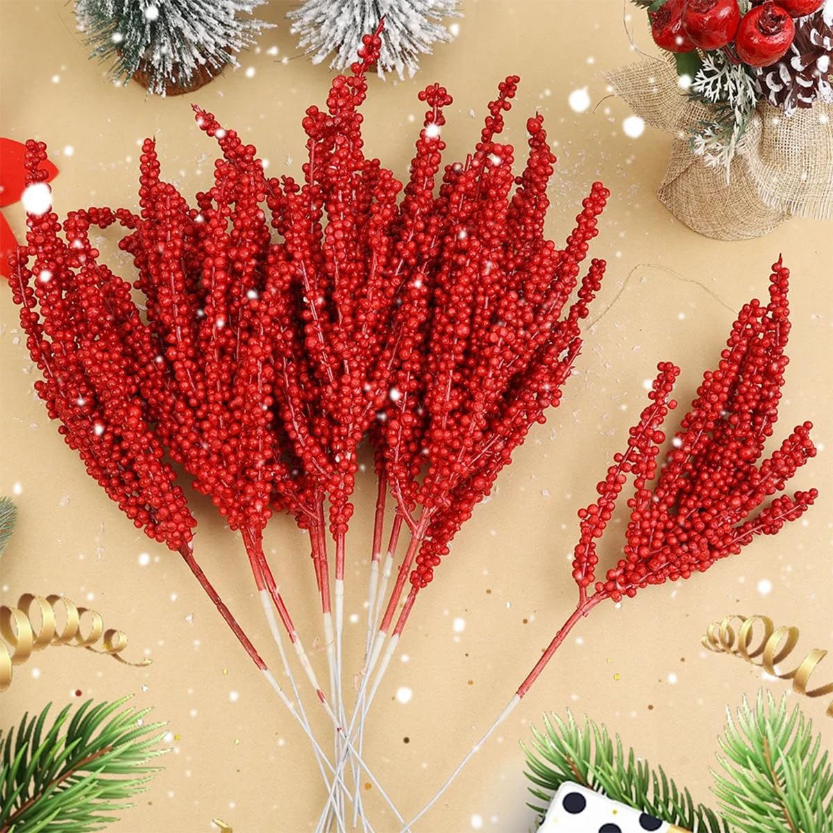 Lot de 20 Branches de Houx artificielles (6 x 32 cm) pour décoration de Noël, couronnes et Loisirs créatifs, Rouge