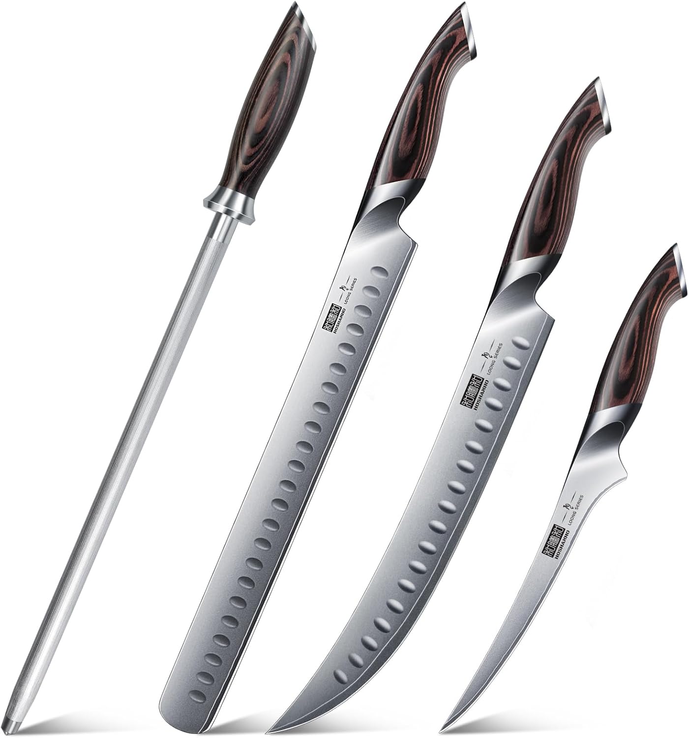 HOSHANHO Honing Rod 12 Inch & Carving Knife Set 3PCS, Japanese High Carbon Steel Brisket Slicing Knife Sets with Ergonomic Pakkawood Handle, Butcher Knife Breaking Knife Boning Knife for Meat Cutting