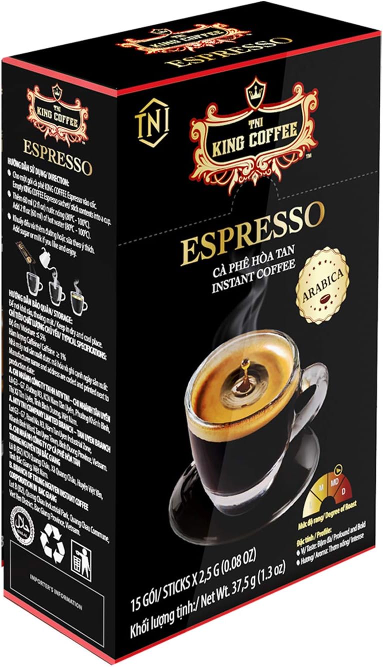 King Coffee Espresso, Vietnamese Instant Coffee Arabica, Medium Dark Roast, 15 Packets x 2.5g, Pack of 1