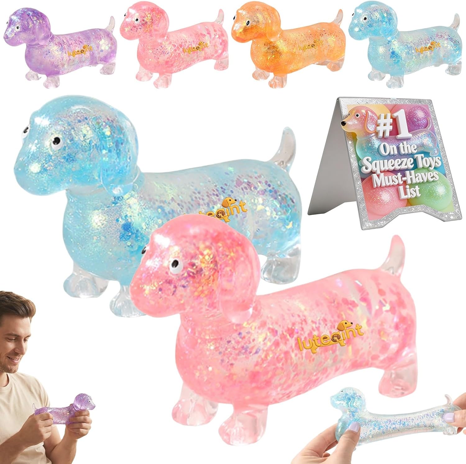 Dachshund Squishy Stress Toy Weiner Dog Dumpling Butter Squishies Mystery Glitter Slow Rising Toys Blue Sparkly Sausage Dogs Gel Relief Ball Cute Soft Sparkling Weenie Sensory(2PCS-A)