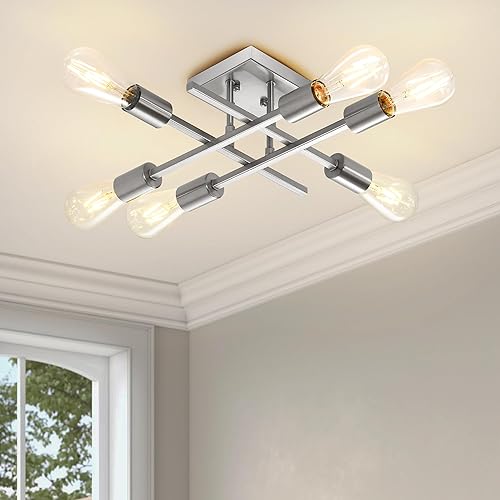 Lámpara de techo semiempotrada de 6 luces, moderna lámpara Sputnik de níquel cepillado, lámpara de techo de granja E26, cocina, dormitorio, sala de