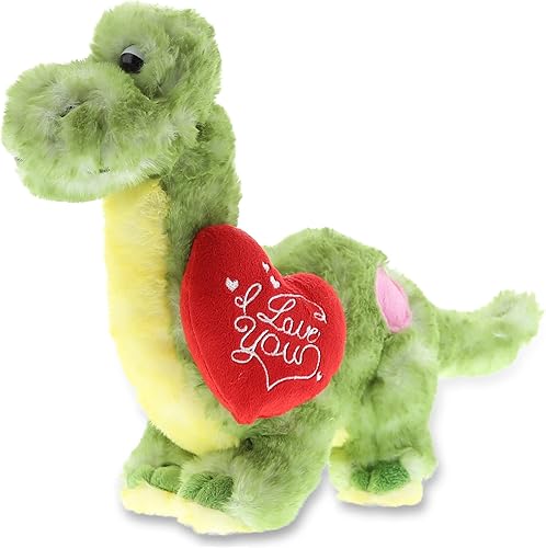 DolliBu Peluche de dinosaurio verde de San Valentín con corazón rojo y nombre, regalo personalizado para el día de San Valentín, cumpleaños,