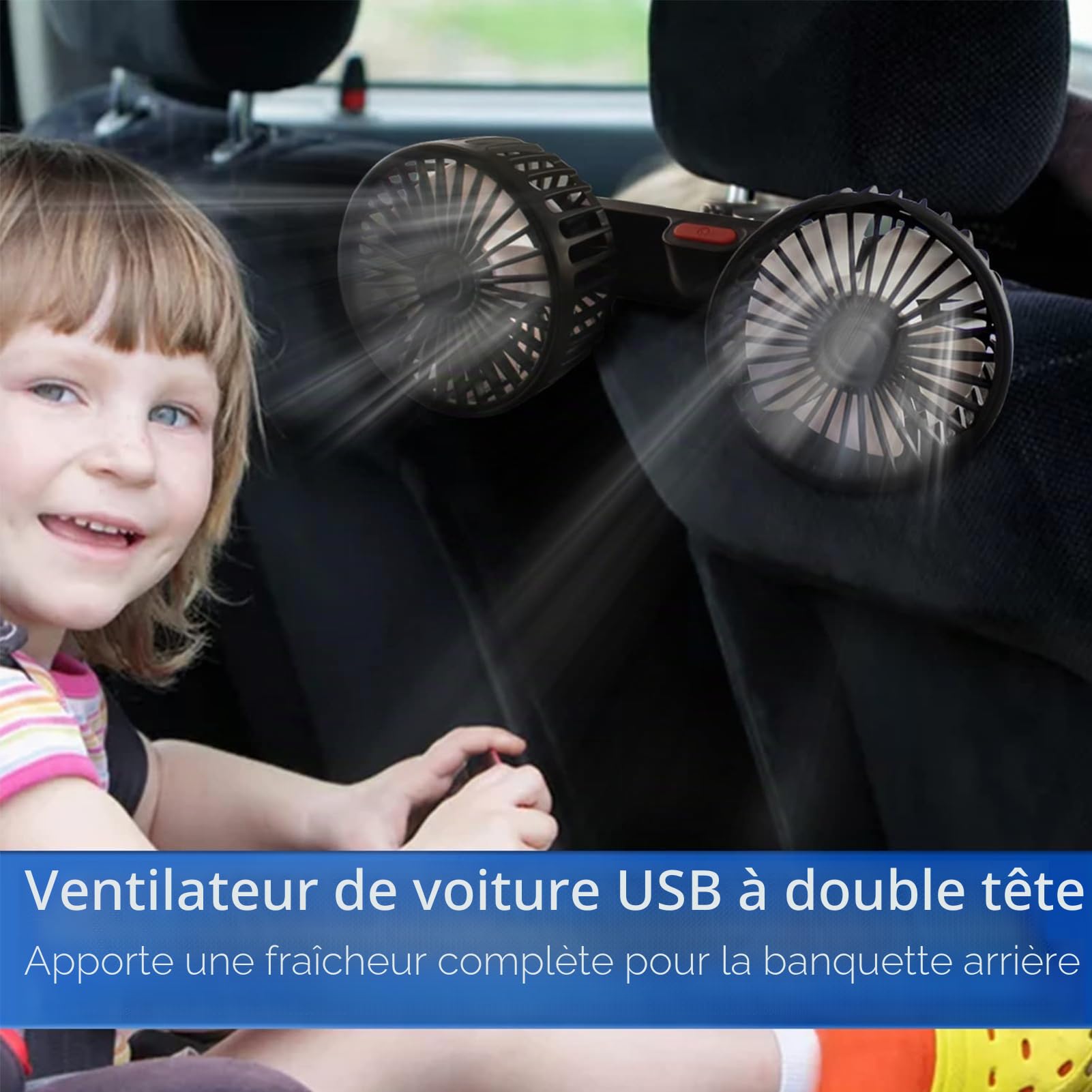 Ventilateur de voiture double tête portable rotation 360° USB 5 V 3 vitesses