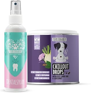 TIERLIEBHABER SPARSET – Dentalspray für Hunde Zahnpflege – Zahnpflege Hund 100% natürlich + Chillout Drops Beruhigungsmittel für Hunde – Natürliche Beruhigung Hund mit Baldrian