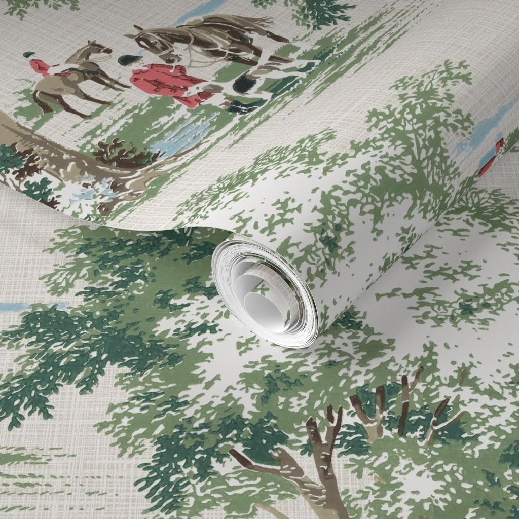 Removable Wallpaper Swatch - Equestrian Toile Fox Hunting English Traditional Hunt Pony Horse Master Green Beige Red Custom Pre-Pasted Wallpaper by Spoonflower
