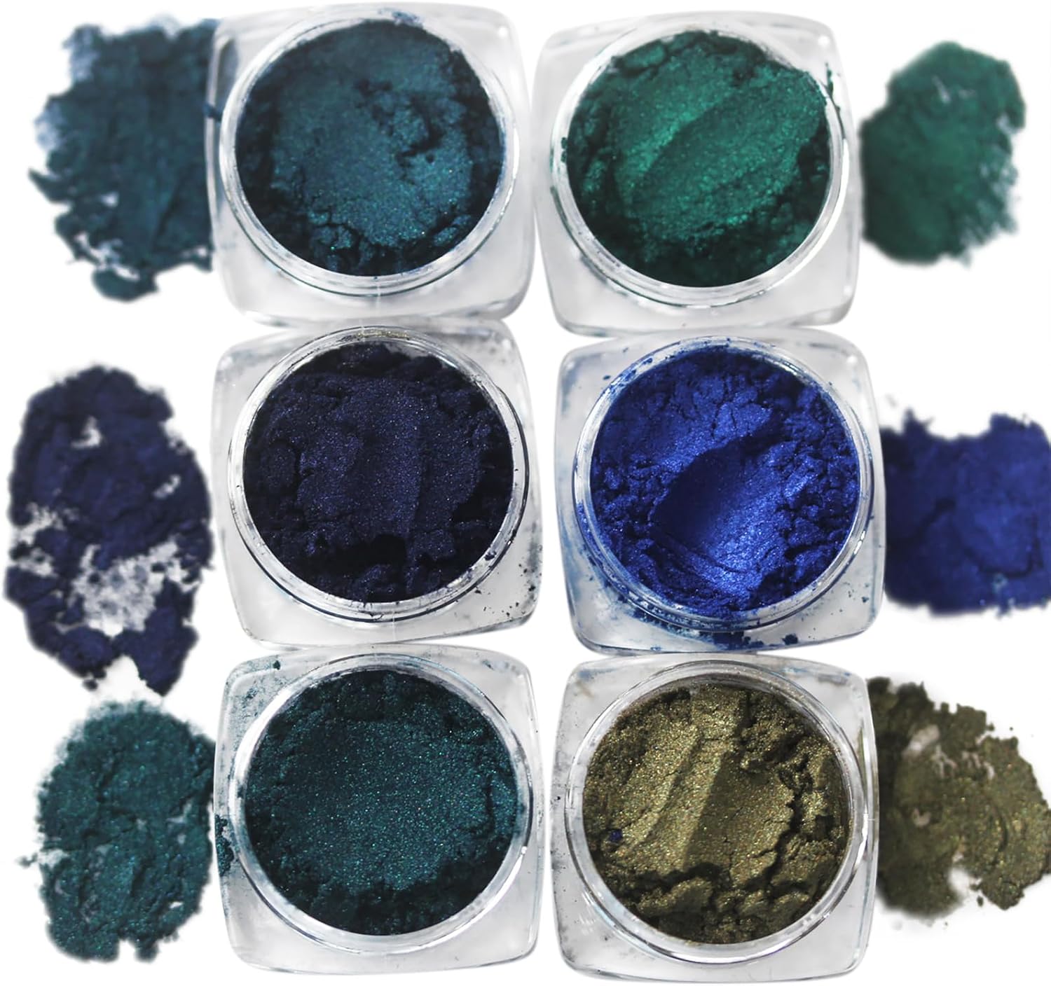 Intense Blue Green Mica Pearl Pigment Powder, 10-60μm, 6 Color Navy Blue Shimmer Set for Epoxy Resin, Art, Nail, Cosmetics
