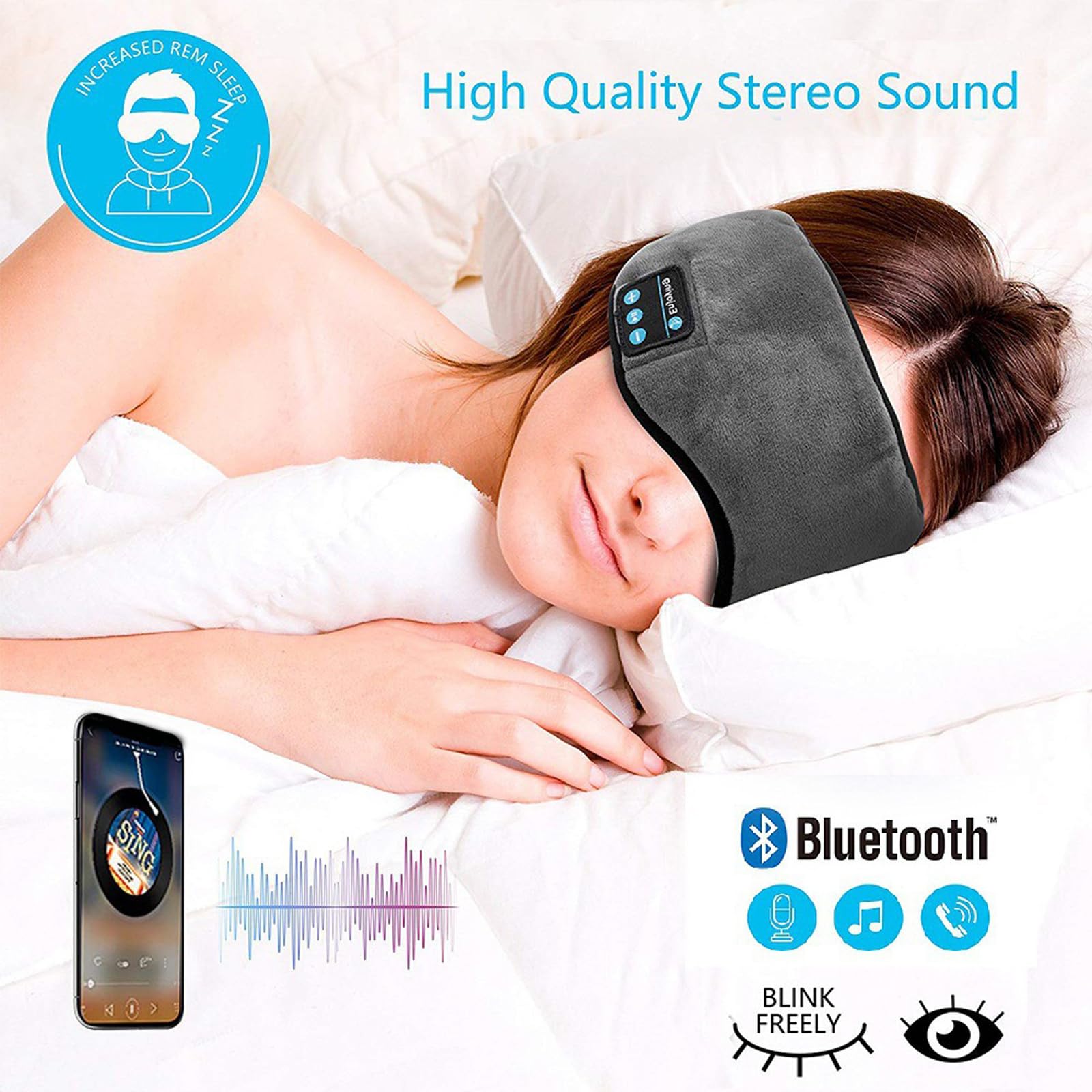 Sure Sleep Mask with Bluetooth Headphones - Wireless, Light Blocking, Noise Cancelling, White Noise, Side Sleeper (Grey)