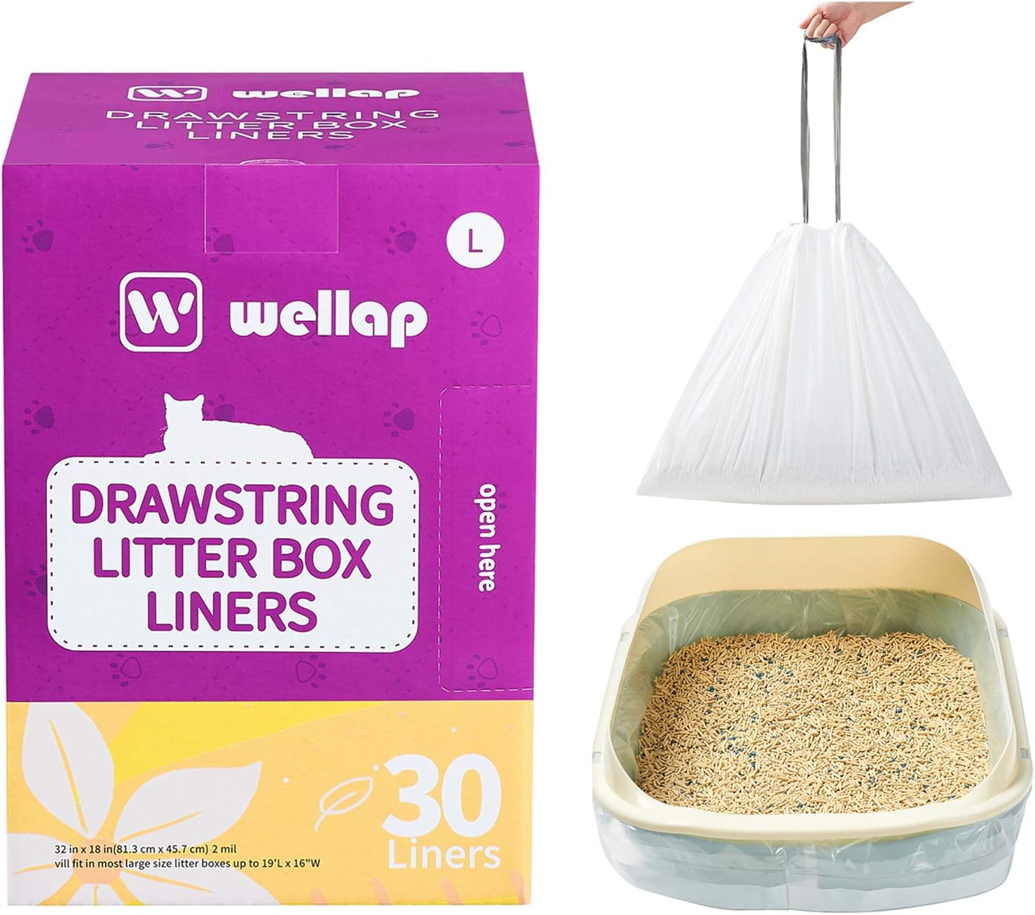 wellap Cat Litter Box Liners 30 Count L (32" x 18") Extra Durable Drawstring Kitty Litter Bags (White Scented)
