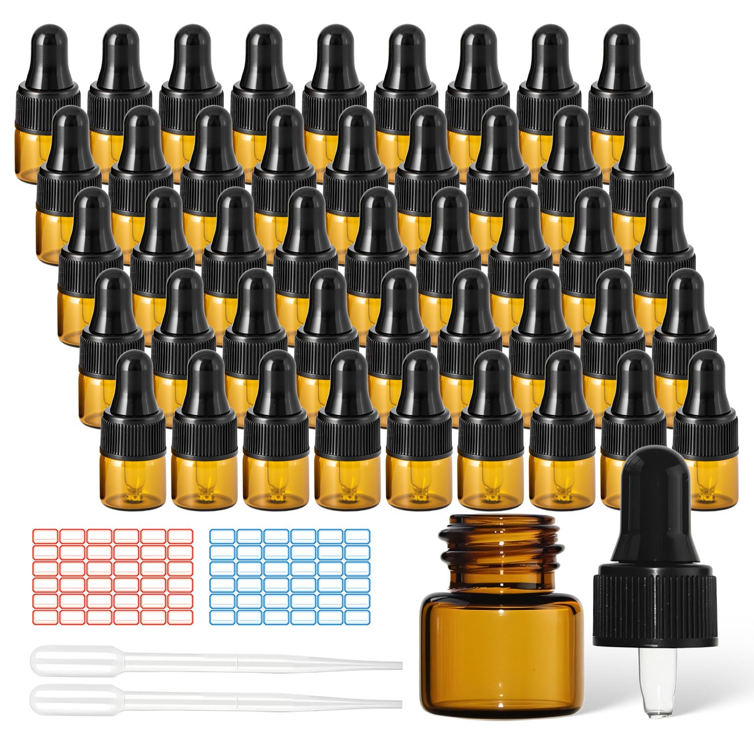 45 Pezzi Pipetta Contagocce 1ml Boccette Contagocce Vetro Flaconi Contagocce Colore Marrone con Pipette Contagocce Plastica e Adesivi per Oli Essenziali Aromaterapia Fragranze Cosmetici Profumi