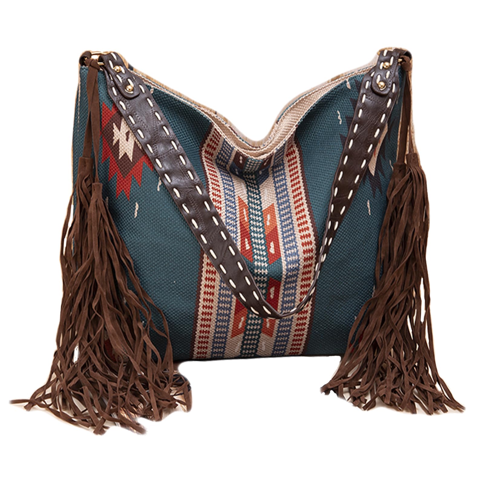 Emprier Bolsos de lona vintage para mujer, con borlas, de gran capacidad, bolso de hombro étnico de viaje, Azul