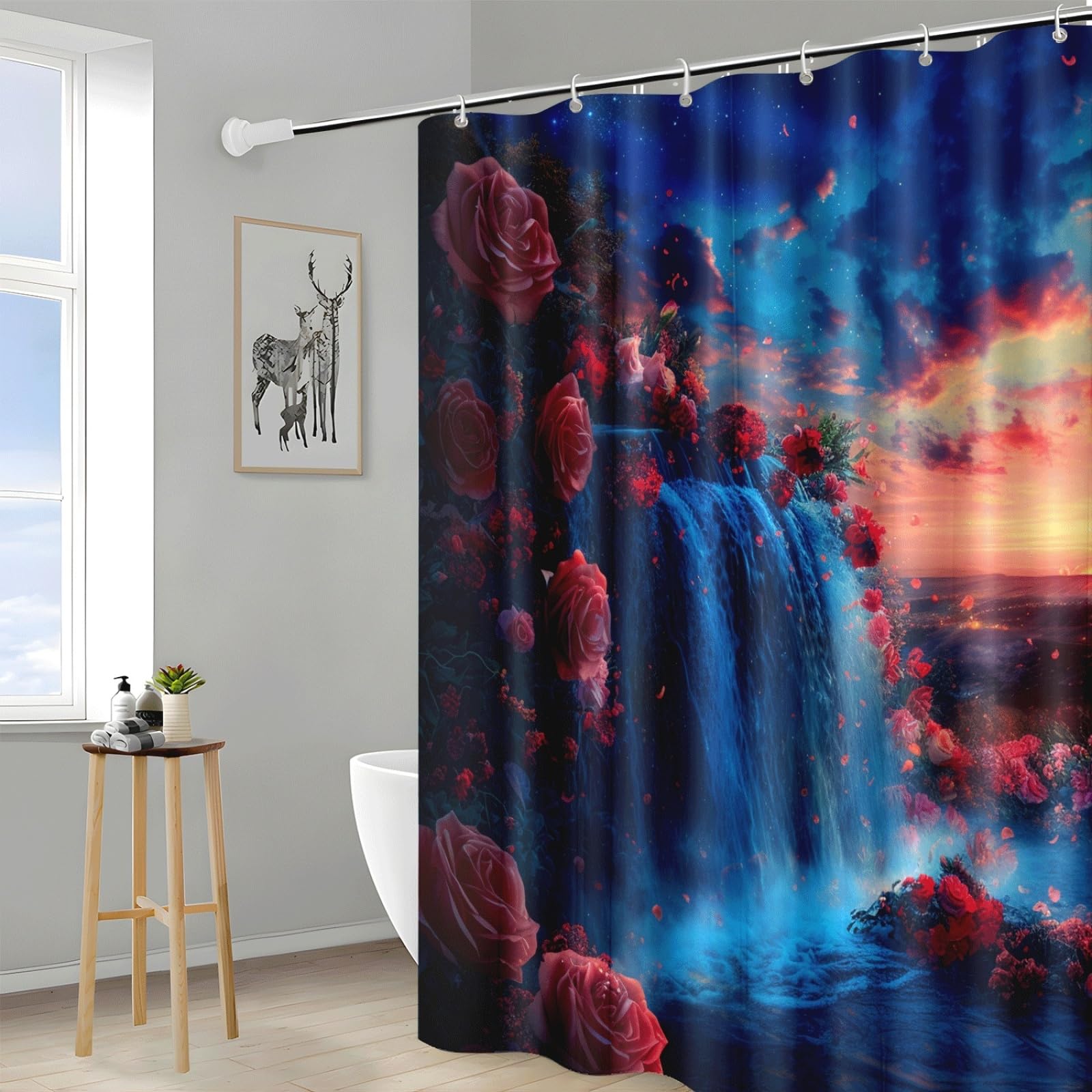 Tenda Doccia Cascata Blu Scuro Tenda Doccia Antimuffa Impermeabile Poliestere Lavabile con 12 Ganci Facile da Installare Tende Finestra Bagno per Dormitorio Hotel(180x220cm)
