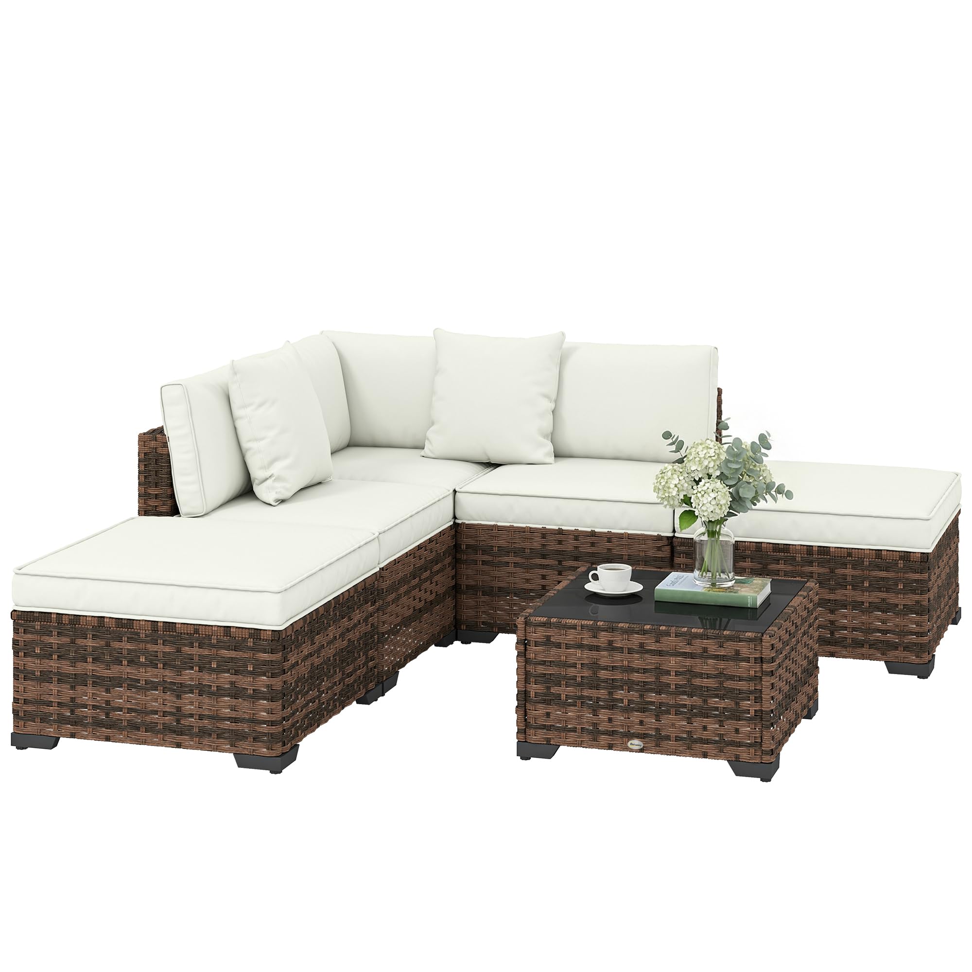 Outsunny Conjunto de Jardín de Ratán de 6 Piezas, Conjunto Terraza Resistente, Muebles Jardín Exterior Incluye Cojines, 4 Módulos de Asiento, 1 Sofá Esquinero y Mesa Centro de Vidrio, Marrón Mixto
