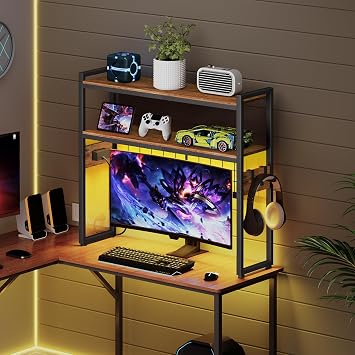 HOOBRO Desktop Bookcase, 2-Tier Desktop Organizer, 29.9 Wooden Office Storage Rack with Outlets, Display Shelf Rack with Light Strip, Desk Hutch for Office, Rustic Brown BF11UDSJ01