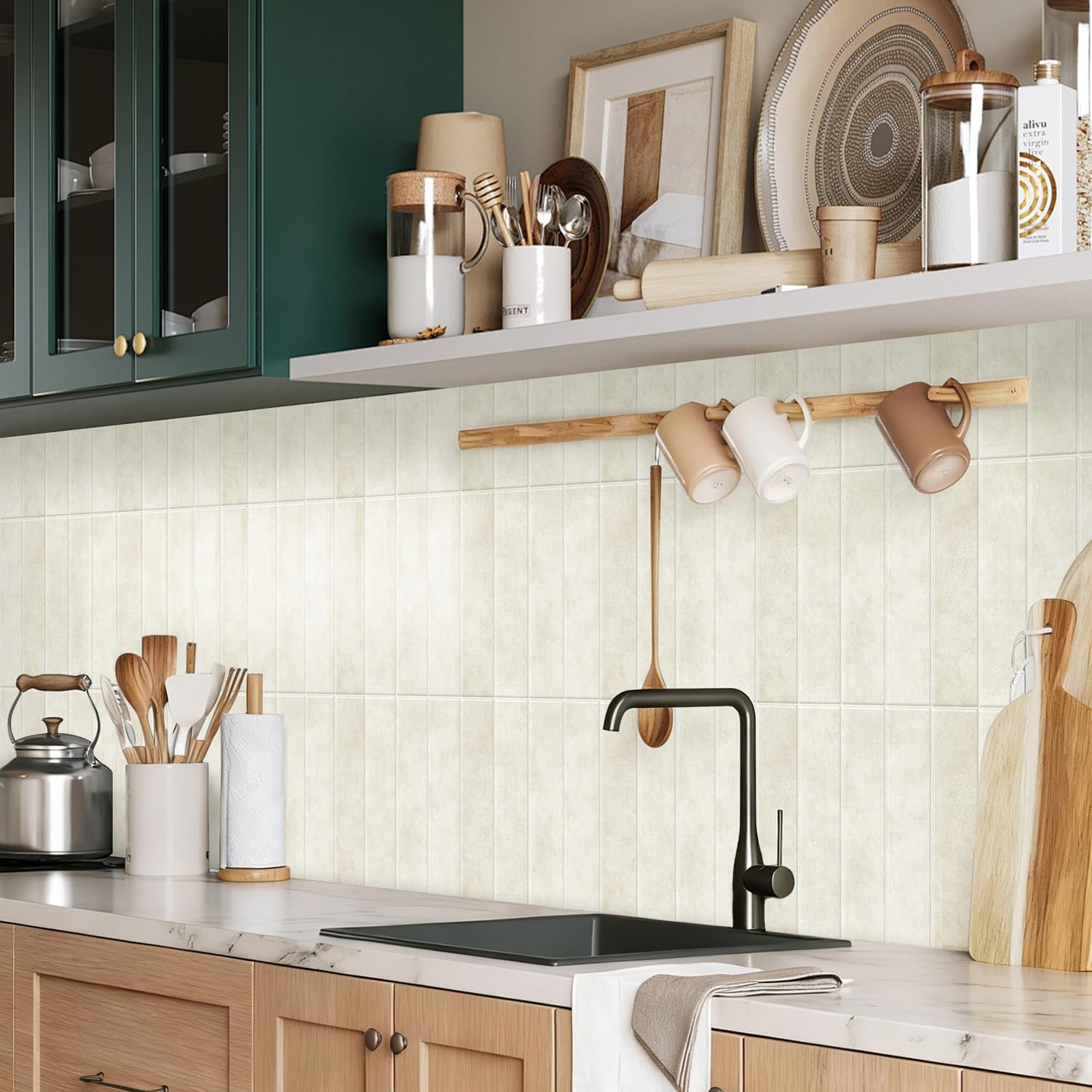 Alwayspon 10 Sheets 12inch/30.5cm 3D Self Adhesive Wall Tile Sticker Transfers, Peel and Stick Waterproof Splashback Stick on Tile Decals for Kitchen Bathroom Wall, Cream Beige