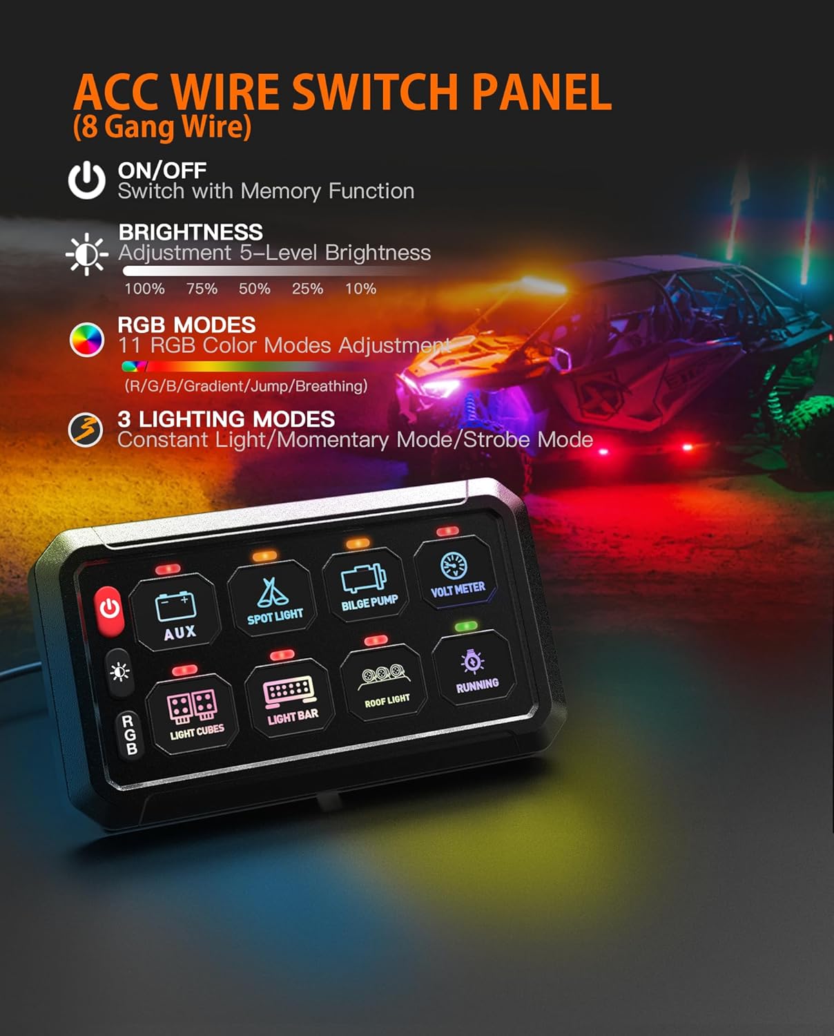 8 Gang Switch Panel, Multifunction Touch Control Switch Panel, LED Panel Box Electronic Relay System Switch Box, Switch Pod, 12-24V Switch Panel for Offroad Truck UTV Boat, Waterproof, Acc Wired