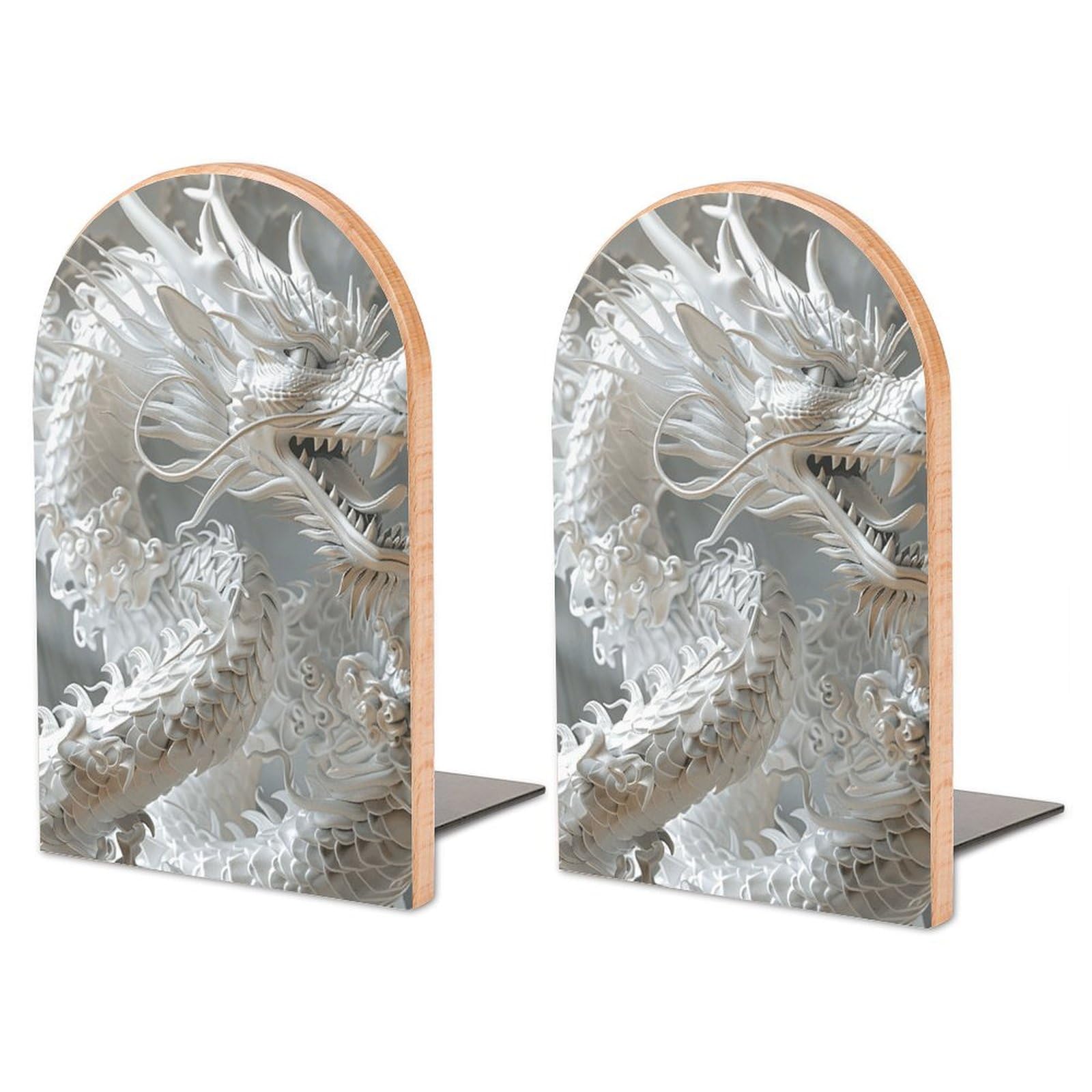 Serre-livres réglable en hêtre et fer motif dragon blanc pour bureau