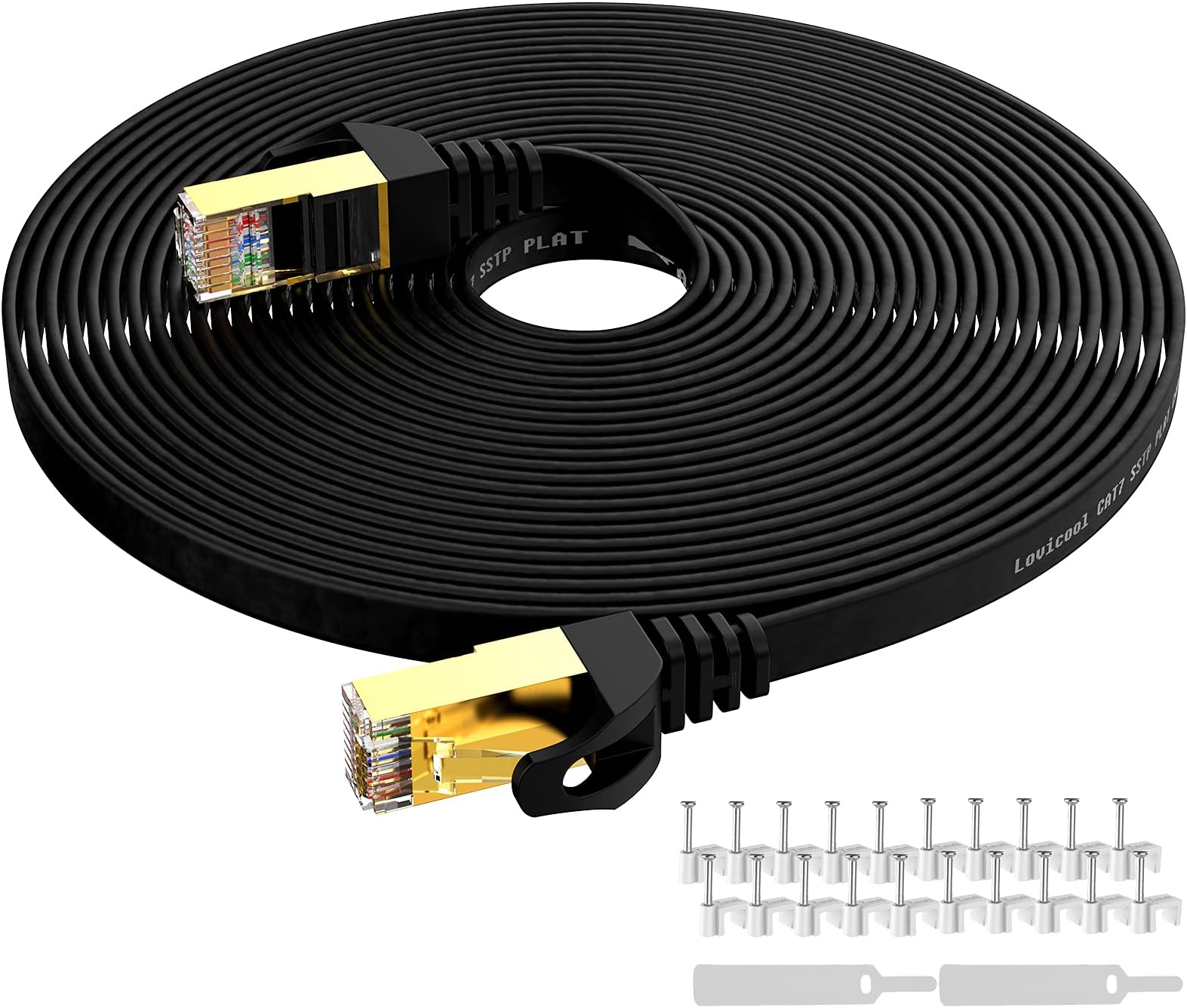 Lovicool Cat7 Ethernet Patch Cable 65Ft Black, Flat Internet Network Computer Cable High Speed with RJ45 Gold Plated SSTP Networking Cord Speed up to 10 Gigabit 600MHz 65Ft 20m