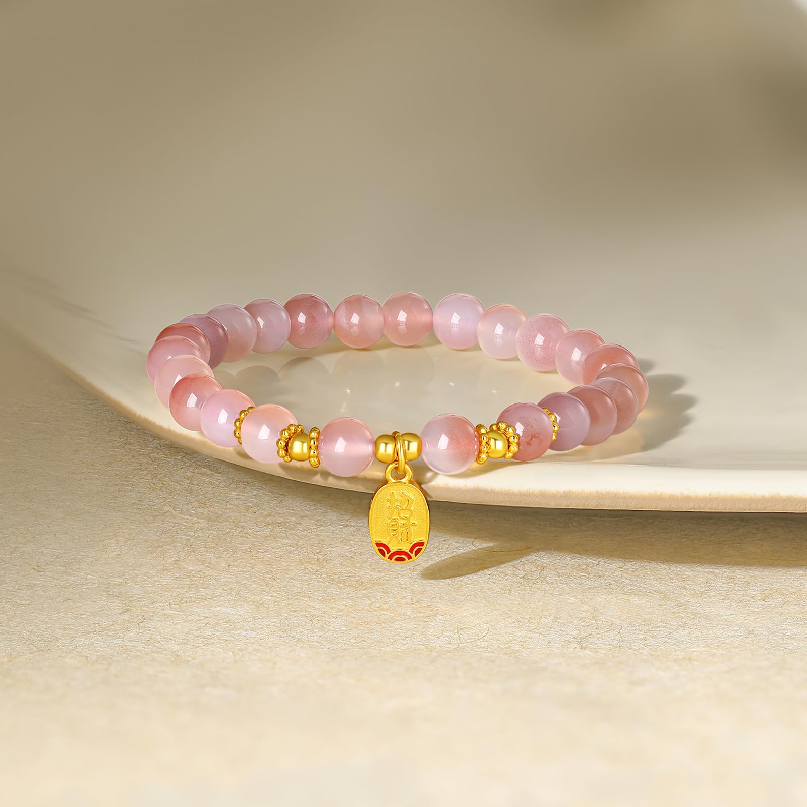 Bracciale in Argento Sterling Braccialetti con Perline in Argento e Agata Rosa Bracciale Elastico con Ciondolo della Fortuna Gioielli Portafortuna per Donne Mamma Figlia Compleanno 6.7"/17CM