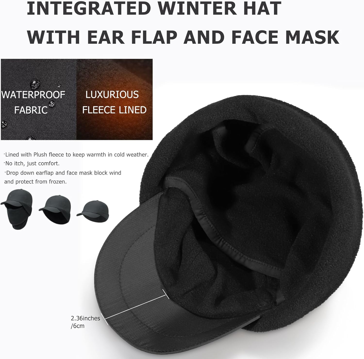 Winter Running Hat Fleece Baseball Caps with Ear Flap Water-Repellent Warm Brimmed Hats for Cold Weather, Black - Image 2