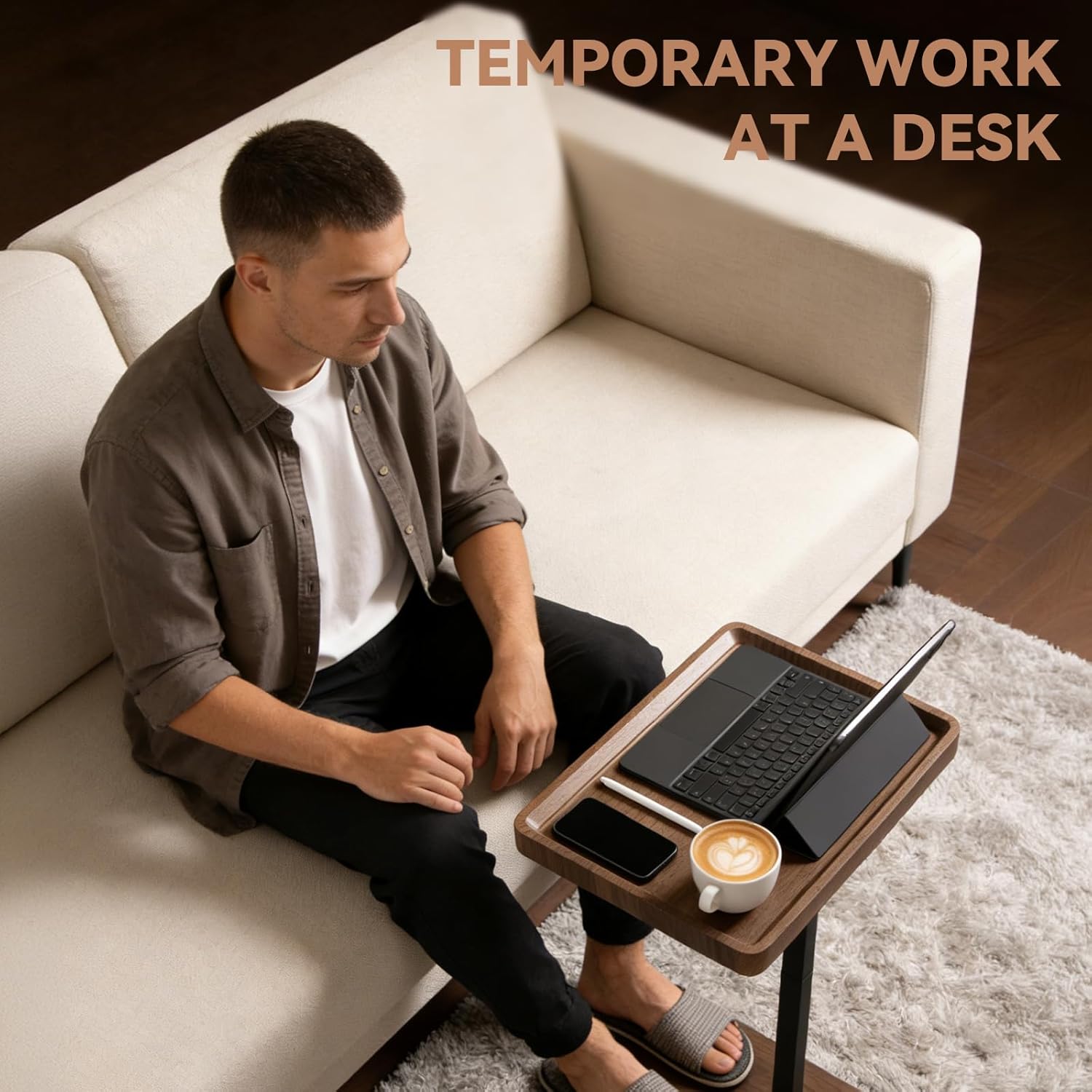 C Table End Table Adjustable Height, 360° Swivel Laptop Desk TV Tray with Wheels, C Shaped Side Tables Living Room and Bedroom for Sofa, Couch Tables for Small Spaces, That Slide Under