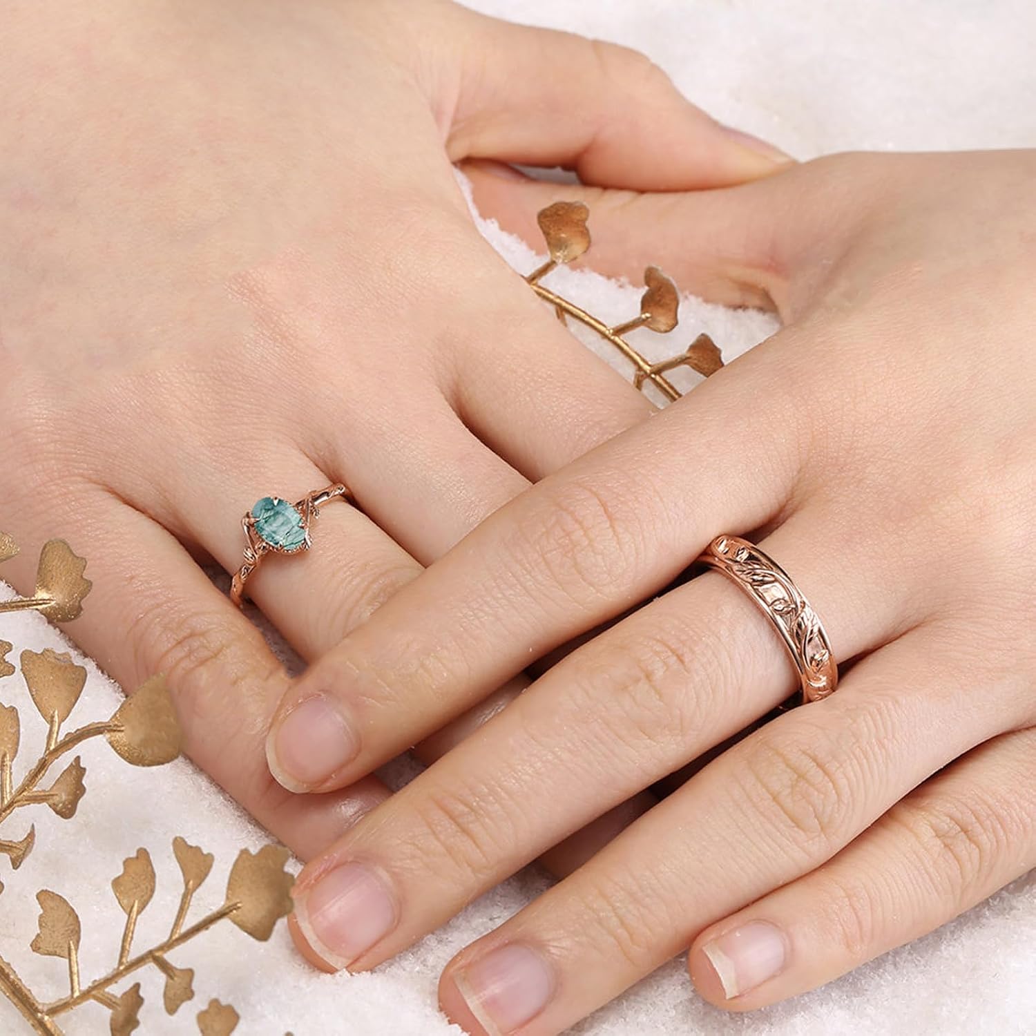 Natural Moss Agate Couple Wedding Rings Set for Him and Her 10K 14K 18K Gold Green Moss Agate Couple Matching Engagement Ring Set for Men and Women