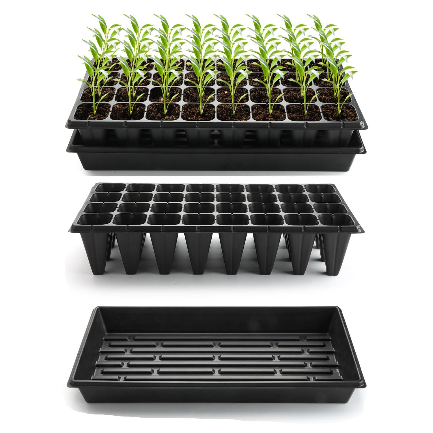 RooTrimmer 10 x 1020 Tabletts ohne Löcher und 10 x 32-Zellen-Saatschalen, 10,9 cm tief, 50,8 x 25,4 cm – robuste Kunststoff-Anzuchtschalen für Samenkeimung und Pflanzenvermehrung (10 Sets)