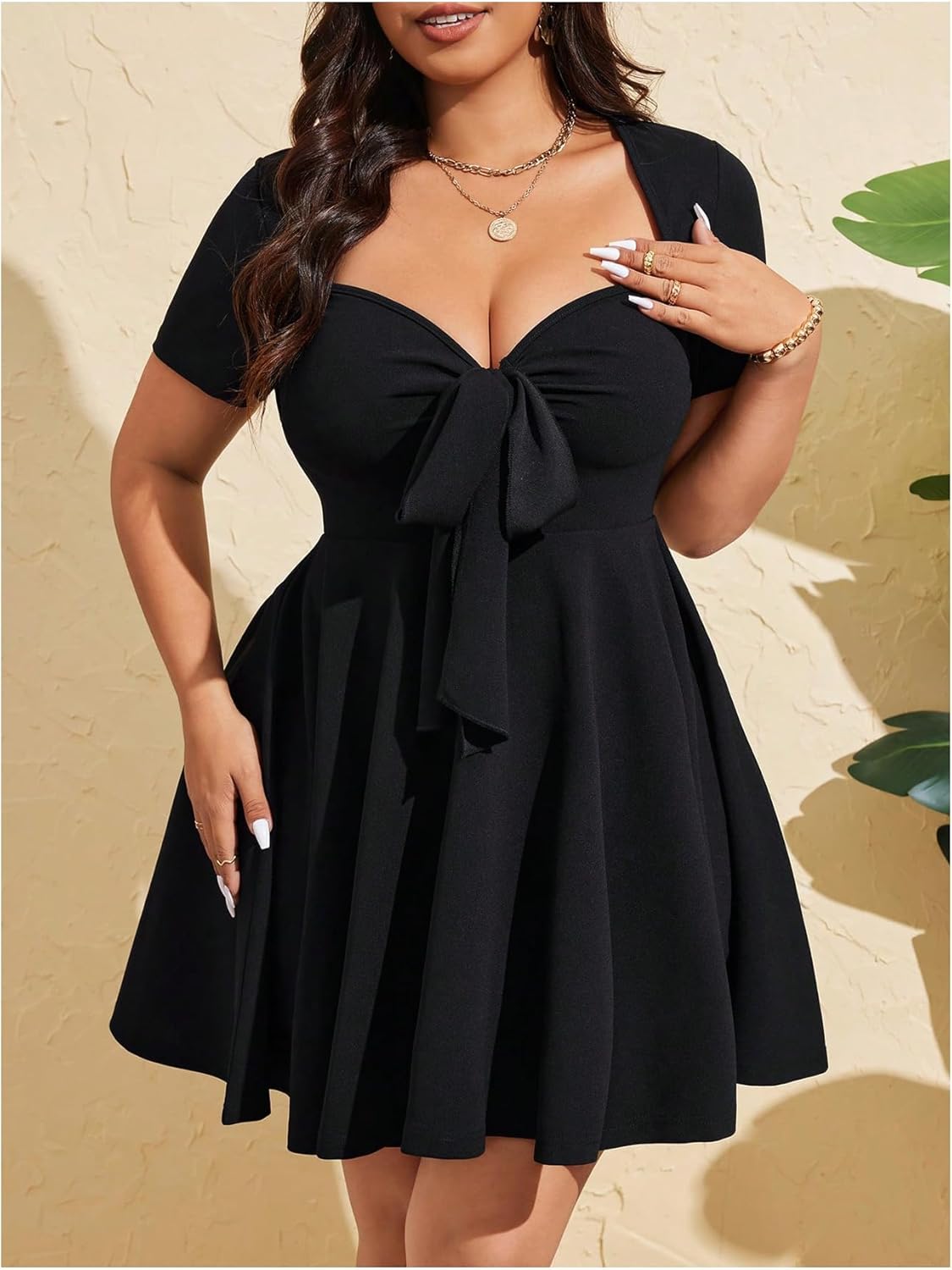SOLY HUX Women's Plus Size Bow Tie Short Sleeve Summer Short Dress Cocktail Beach Wedding Dresses - Image 2