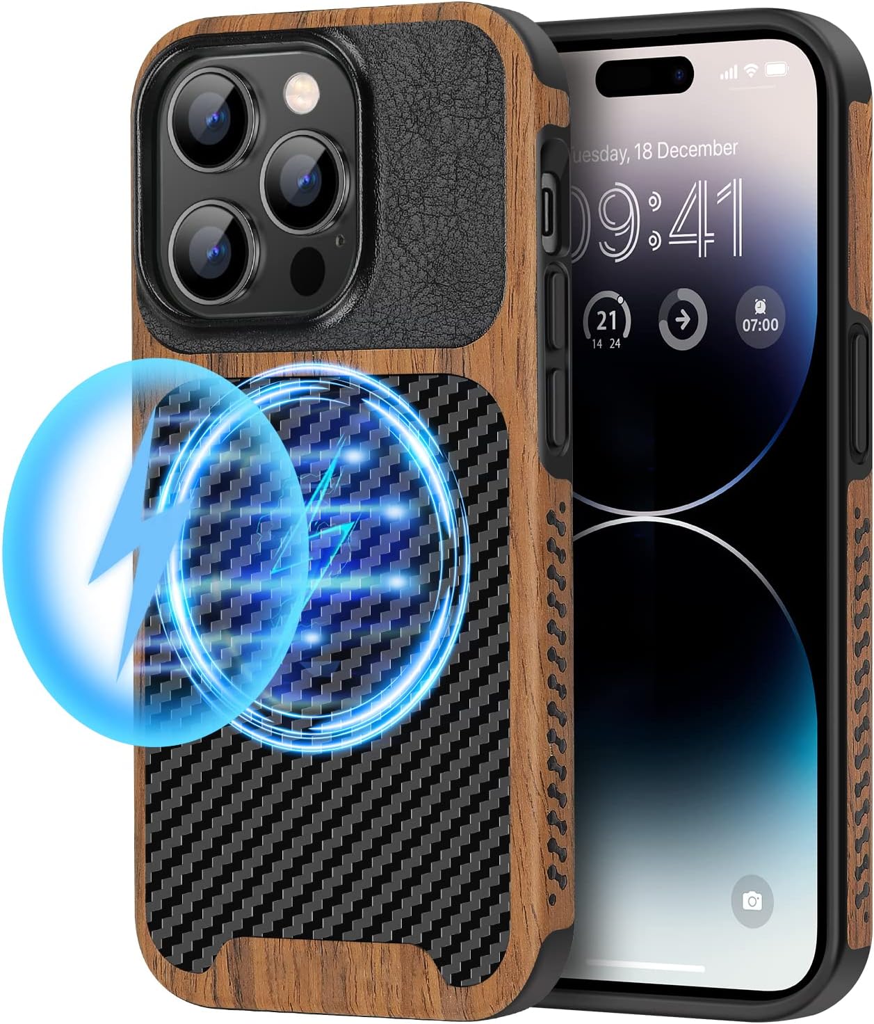Magnetic Case Compatible with iPhone 14 Pro Max Case Wood Grain with Carbon Fiber Texture Design Leather Hybrid Slim Case (Compatible with MagSafe) Black