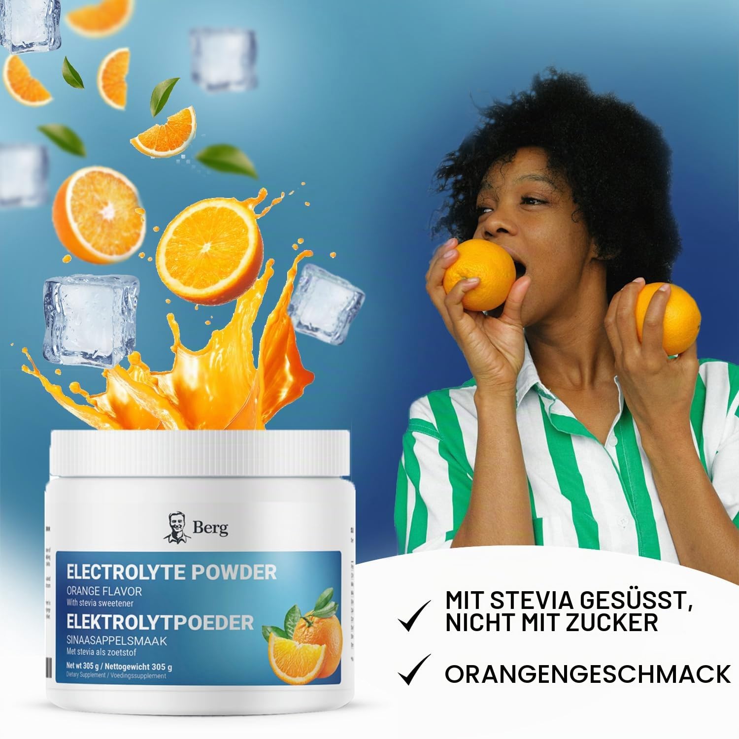 Berg Elektrolyt-Pulver – Orangengeschmack – Mit rosa Himalaya-Salz – 1000 mg Kalium & 120 mg Magnesium pro Portion – Ohne Zucker – 50 Portionen