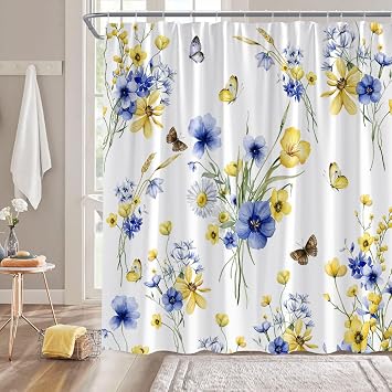 GCTNBJL Yellow Blue Flower Shower Curtain for Bathroom,70x70WxH Inches | Rustic,Watercolor,Floral,Butterfly,Nature,Farmhouse,Plant,Polyester,With Hooks,Machine Washable,Bathtub Decor