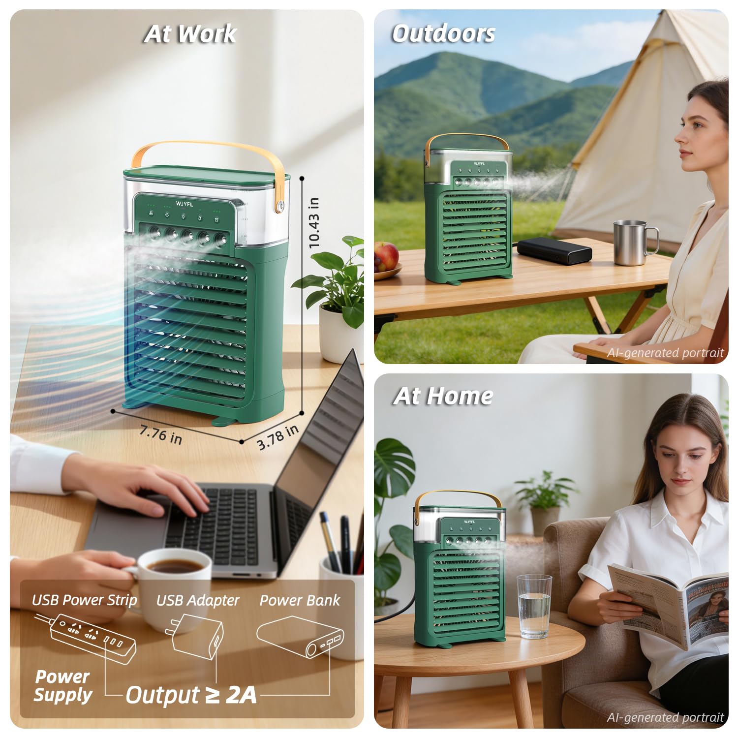 Mini Luftkühler mit Fernbedienung, Wassernebel, 5 Sprühdüsen | 700 ml, 3 Sprühstufen, 3 Windstufen, Naturwind, Timer, geräuscharmer Betrieb, USB-C-Betrieb mit EU-Netzadapter, ohne Akku