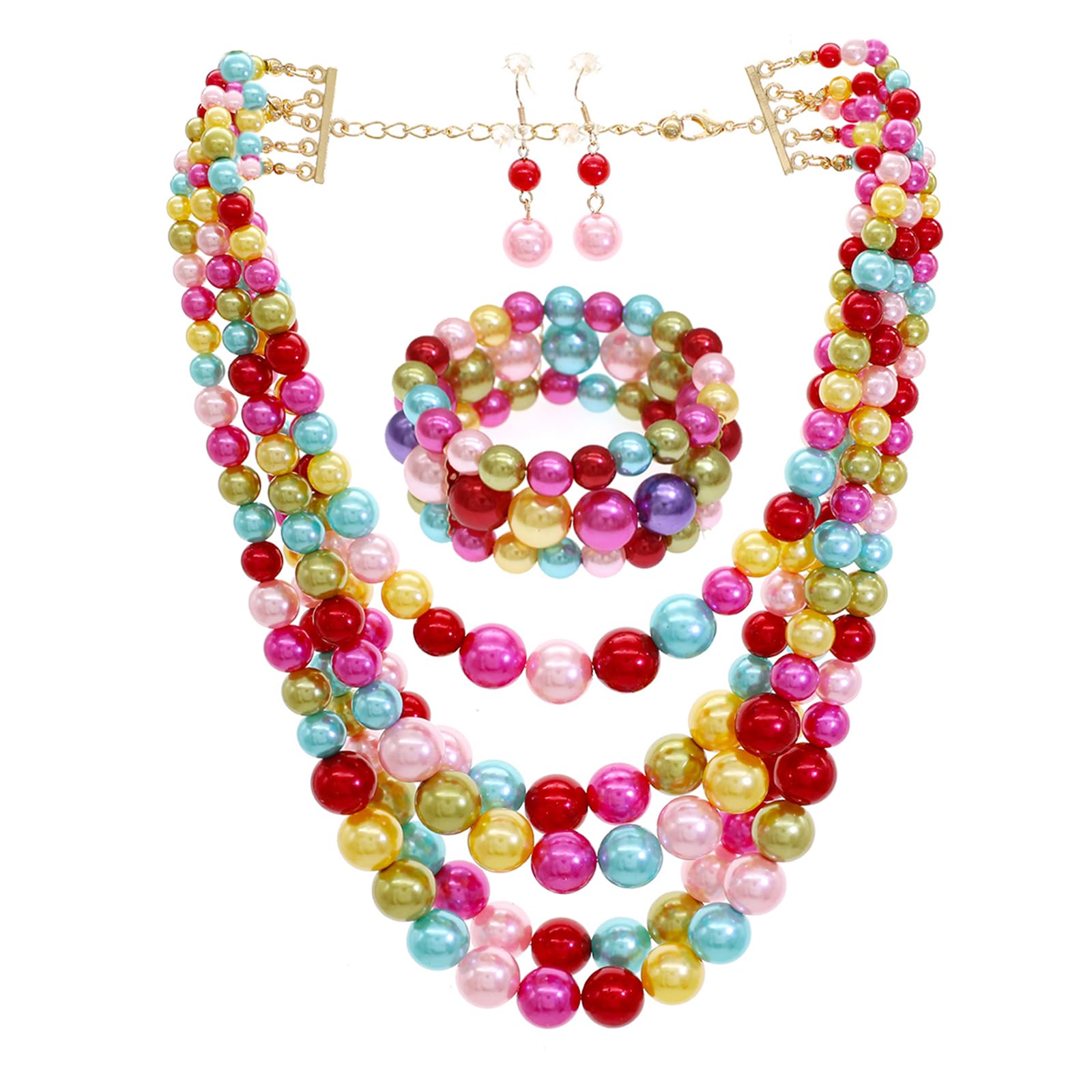 Faux Big Pearl Srand Necklaces for Women 5 Layers Pearl Bib Collar Necklace Bracelet and Earrings set 1920s Costume Pearl Jewelry Bridal Wedding gift (colorful)