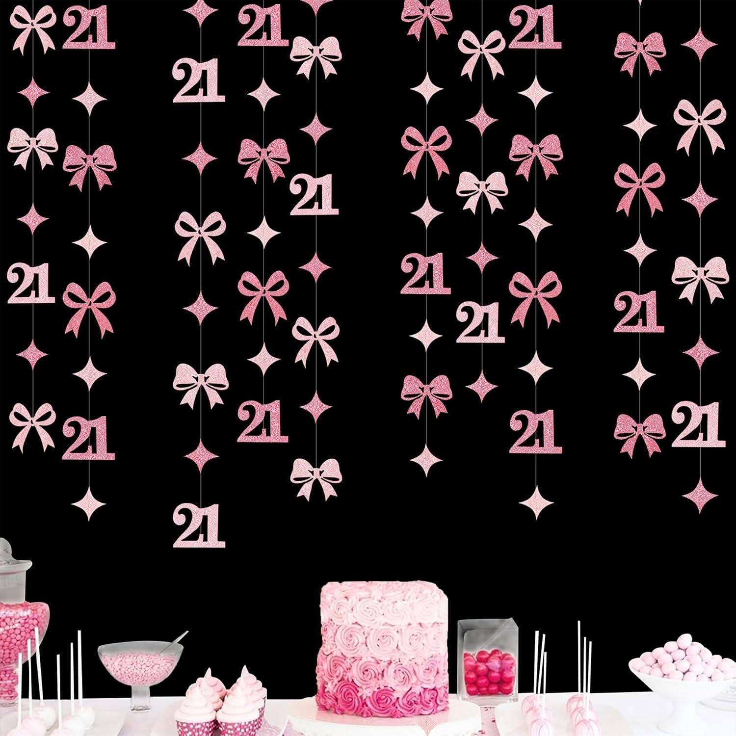 BLMHTWO 21st Pink Bow Birthday Decorations for Her, Glitter Bow Garland Streamer Banner Backdrop Happy 21 st Birthday Decorations Props Anniversary Party Supplies Decor