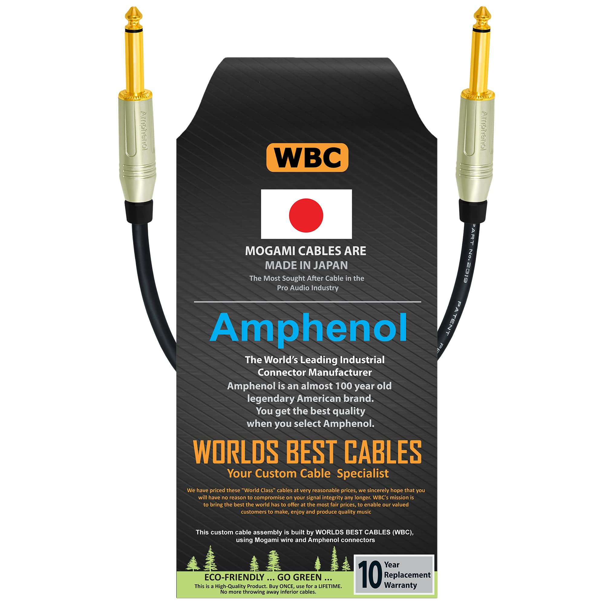 WORLDS BEST CABLES 6 Inch – Pedal, Effects, Patch, Instrument Cable Custom Made Using Mogami 2319 Wire & Amphenol ACPM-GN-AU M-Series Straight Gold TS Plugs