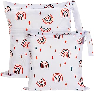 Vicloon Fabric Diaper Bag, 2 Pcs Reusable Wet Bag, Laundry Bags with Zipper Wet Bag, Waterproof Fabric Diapers Wet Bags for Kindergarten, Travel, Gym, Swimming Equipment-Rainbow Style