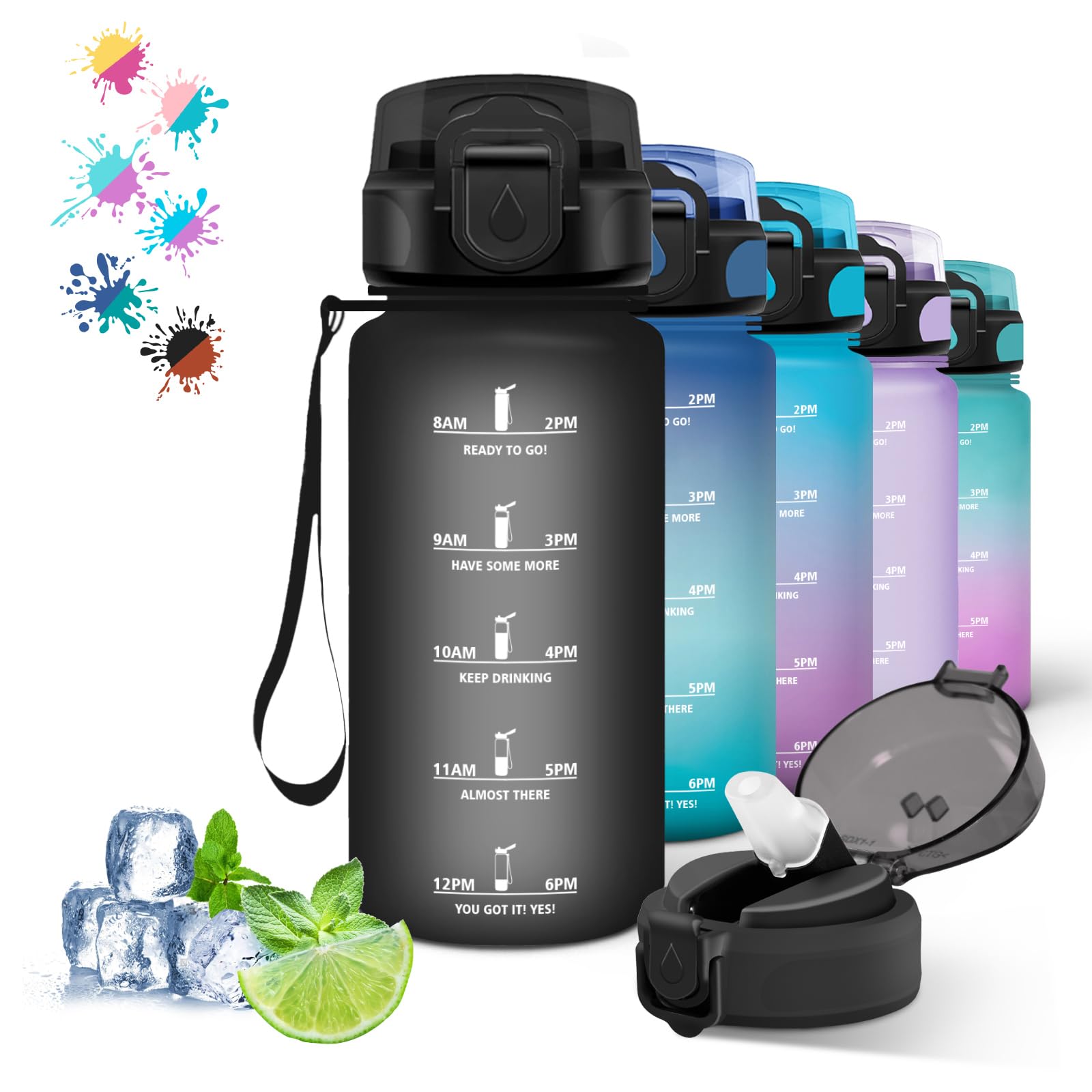 Grsta Water Bottle, 500ml Kids Water Bottle, Leak Free Straw Water Bottle, Easy Clean Water Bottle, Motivational Water Bottle with Time Scale for School, Camping, Black