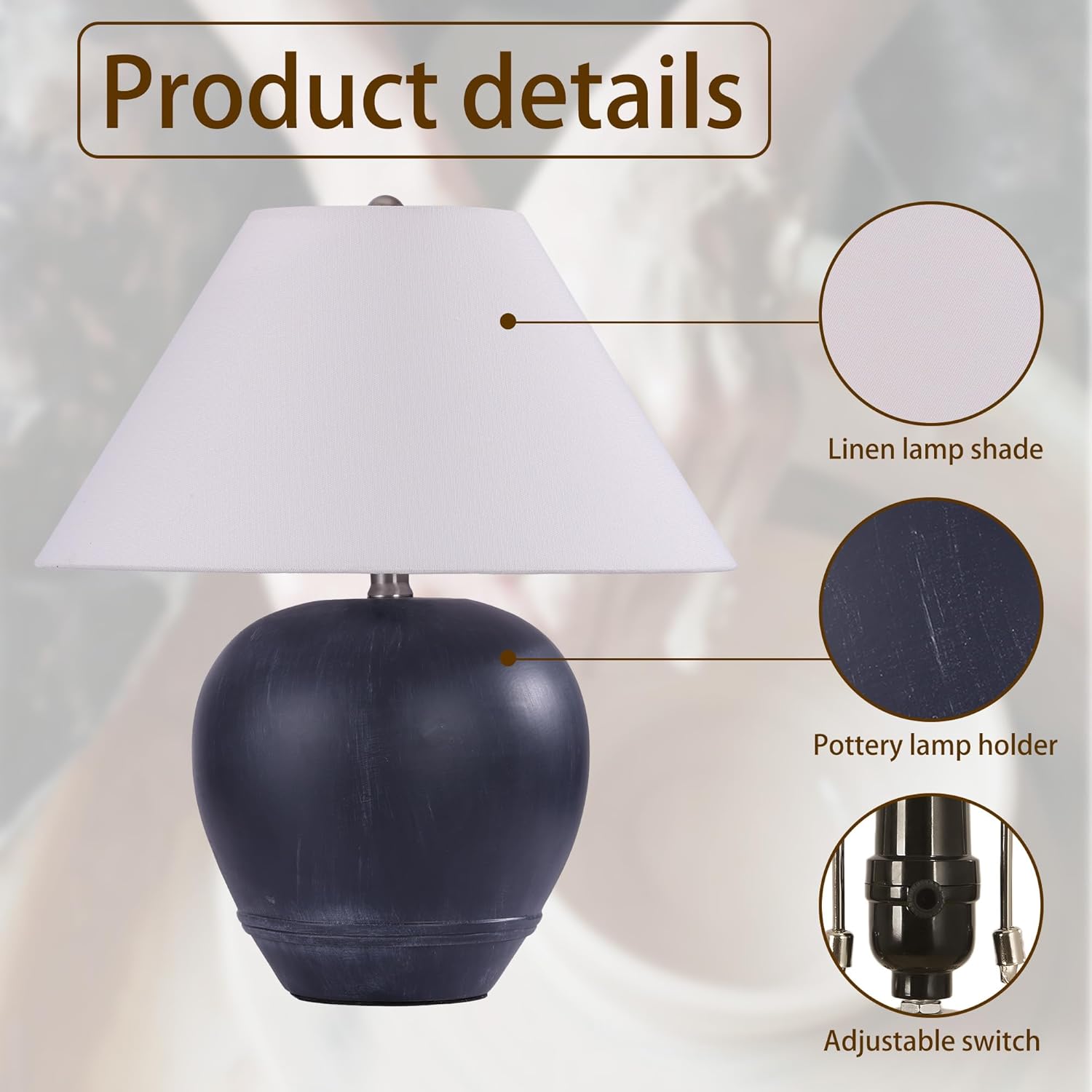 Pia Ricco 21'' Medium Size Black Glossy Ceramic Base Ceramic Basin Table Lamp for Bedroom, Living Room, Dining Room, Office, White Shade,Black Base