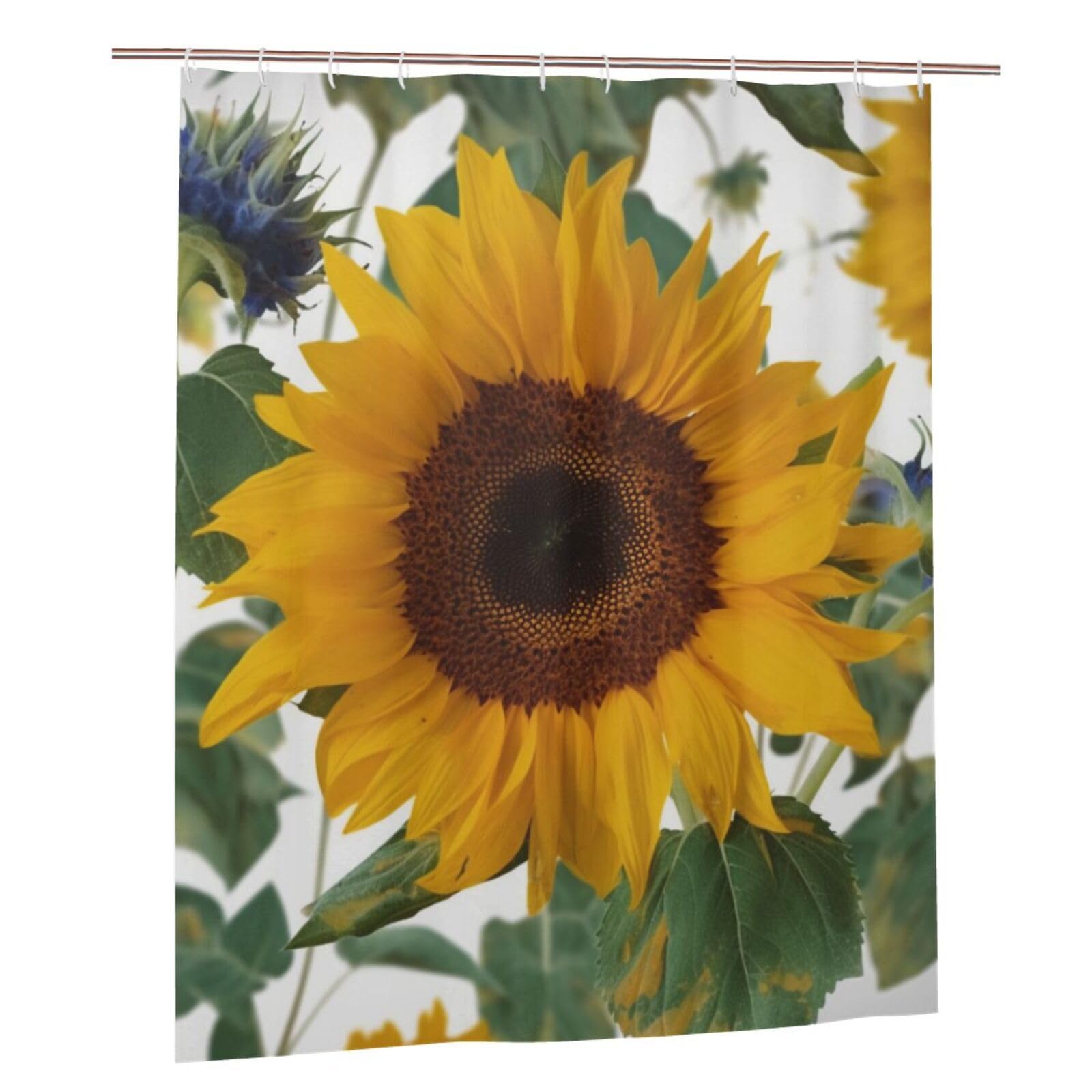 BWWHCCTI Sunflower Printed Shower Curtain With 12 Plastic Hooks Opaque Quick Drying Waterproof Shower Curtains Sets For Bathroom 152x183 Cm